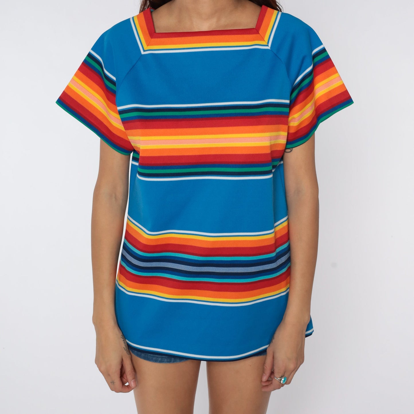 70s Rainbow Striped Raglan Blouse Polyester Knit Top Medium Large