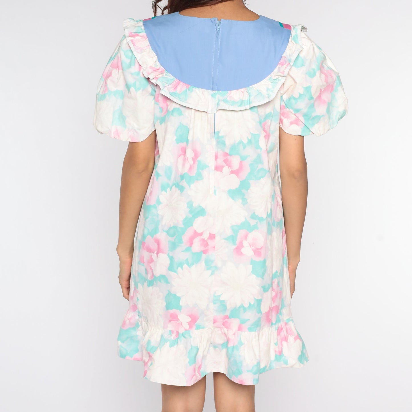 80s Floral Mini Dress Puff Sleeve Tent Cut White Pink Green Medium