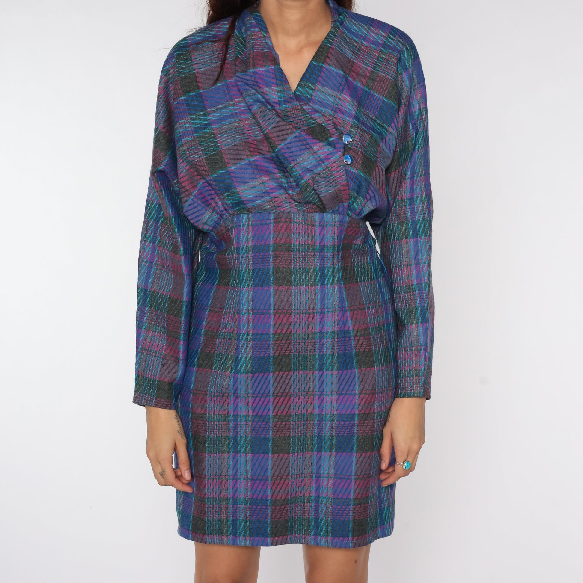1970s Purple Plaid Mini Dress V-Neck Dolman Sleeve Pencil Skirt Medium