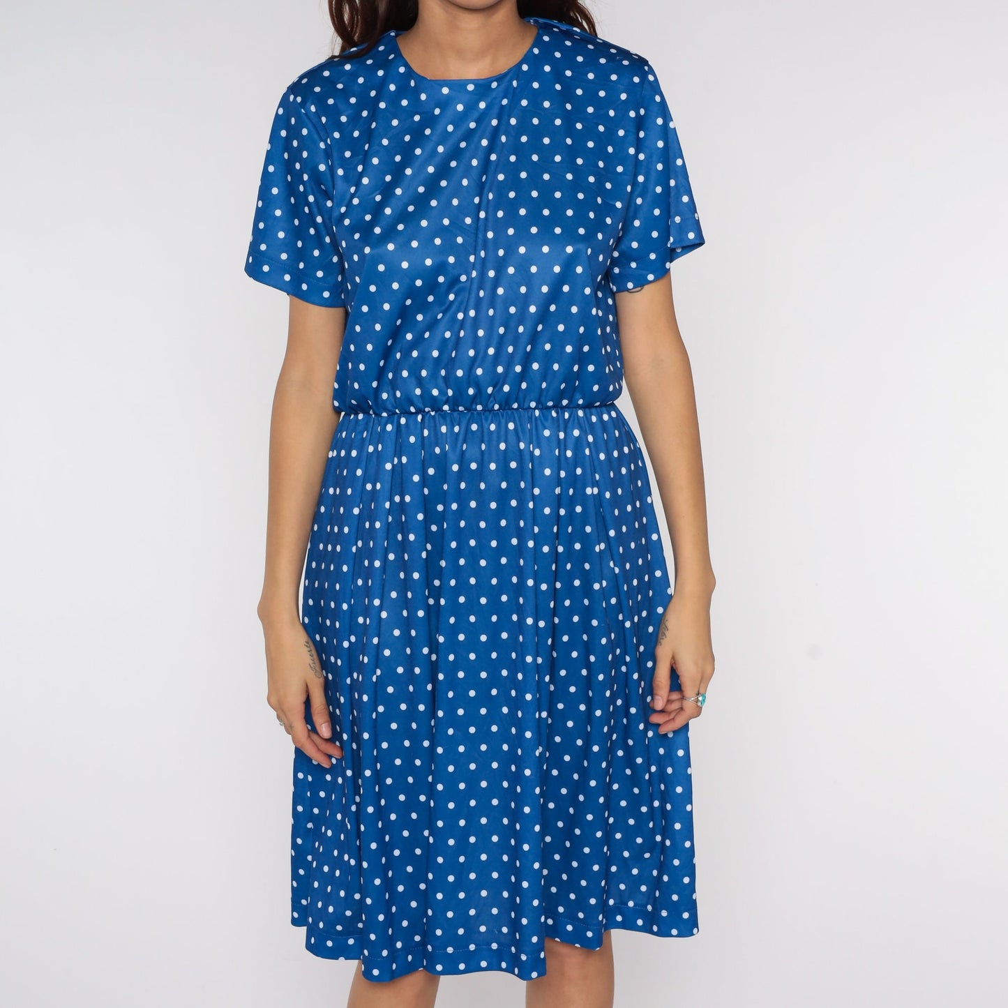 Y2K Blue Polka Dot Midi Dress High Waisted Short Sleeve Flared Large L