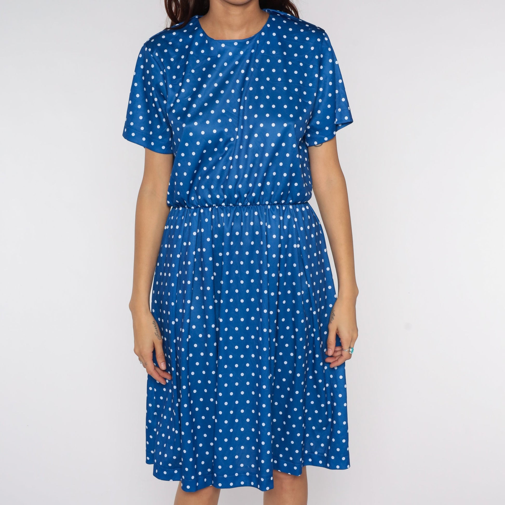 Y2K Blue Polka Dot Midi Dress High Waisted Short Sleeve Flared Large L