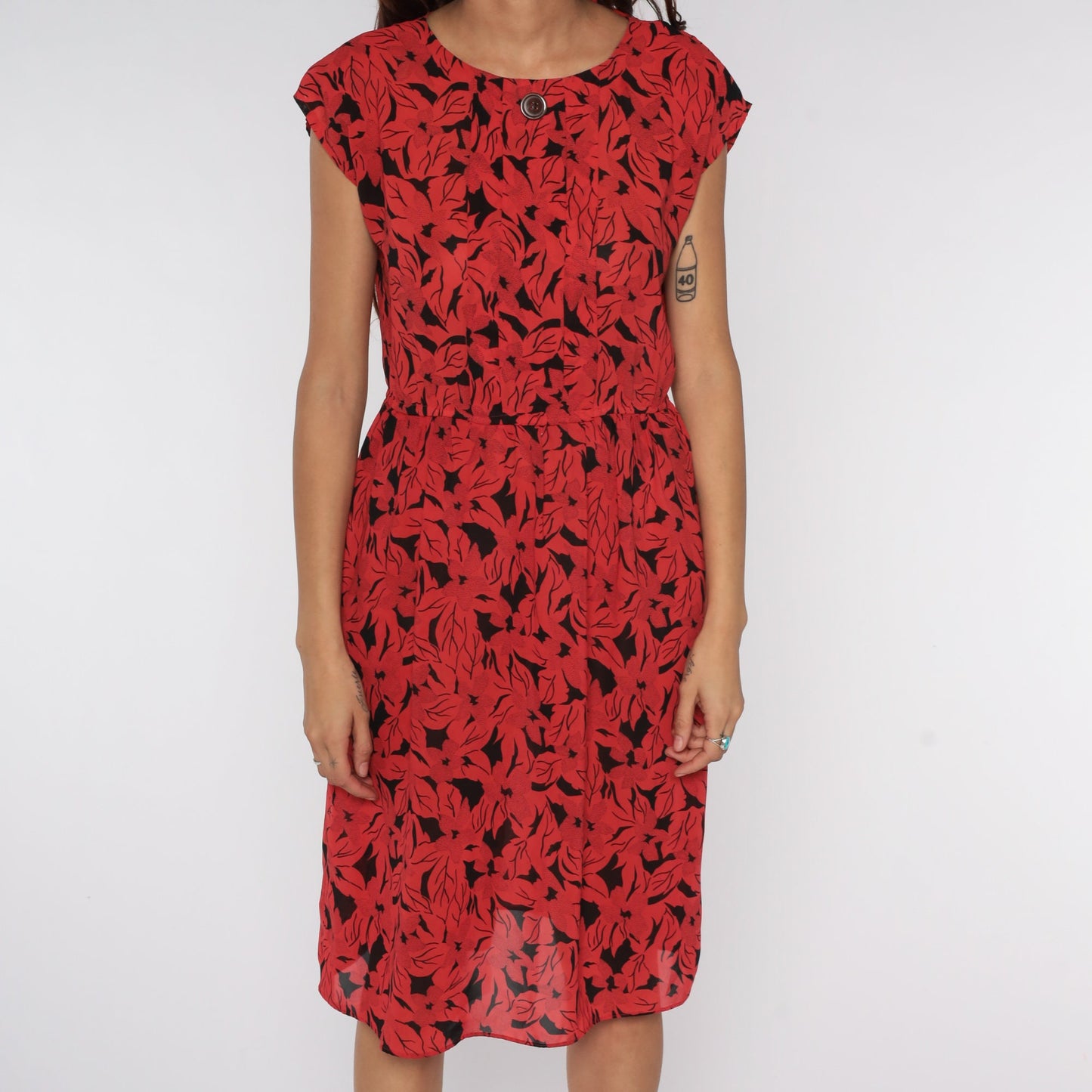 80s Floral Midi Dress Red Black Cap Sleeve High Waist Medium