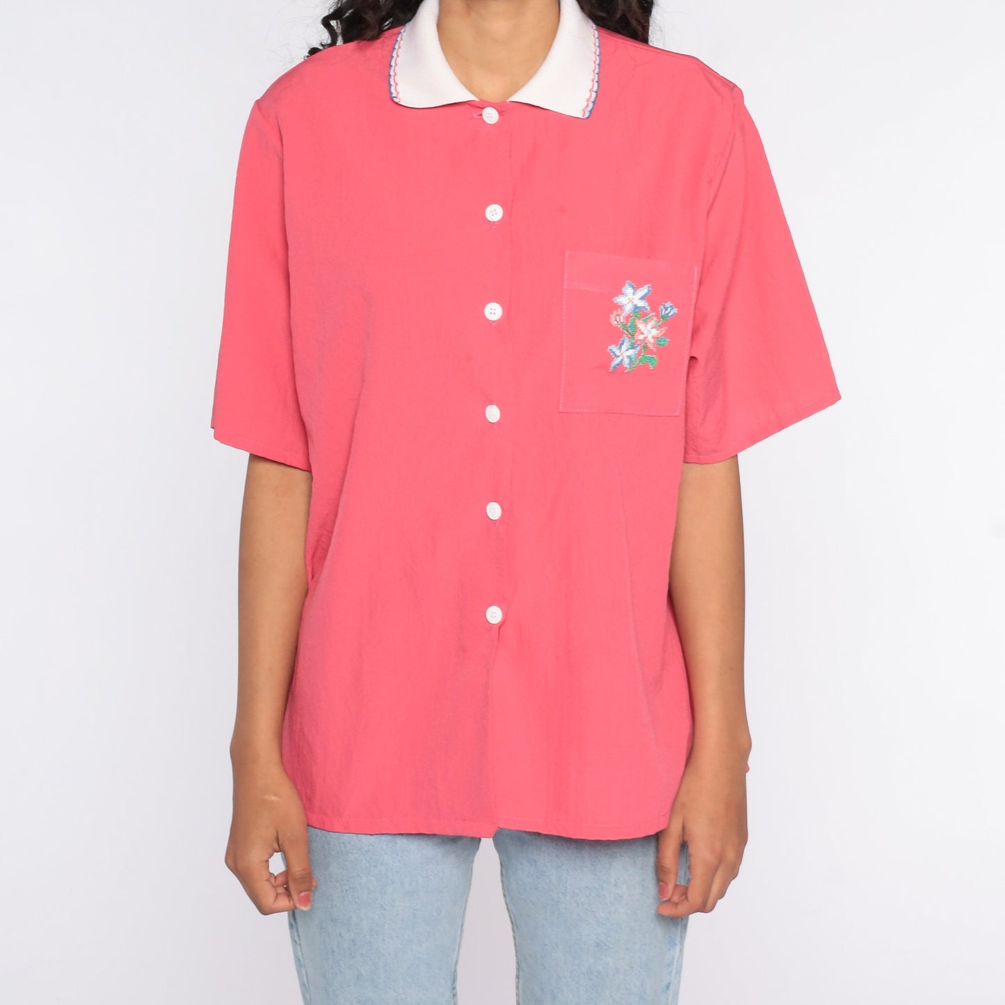 90s Bonworth Floral Button Up Blouse Pink Pocket Shirt Extra Large