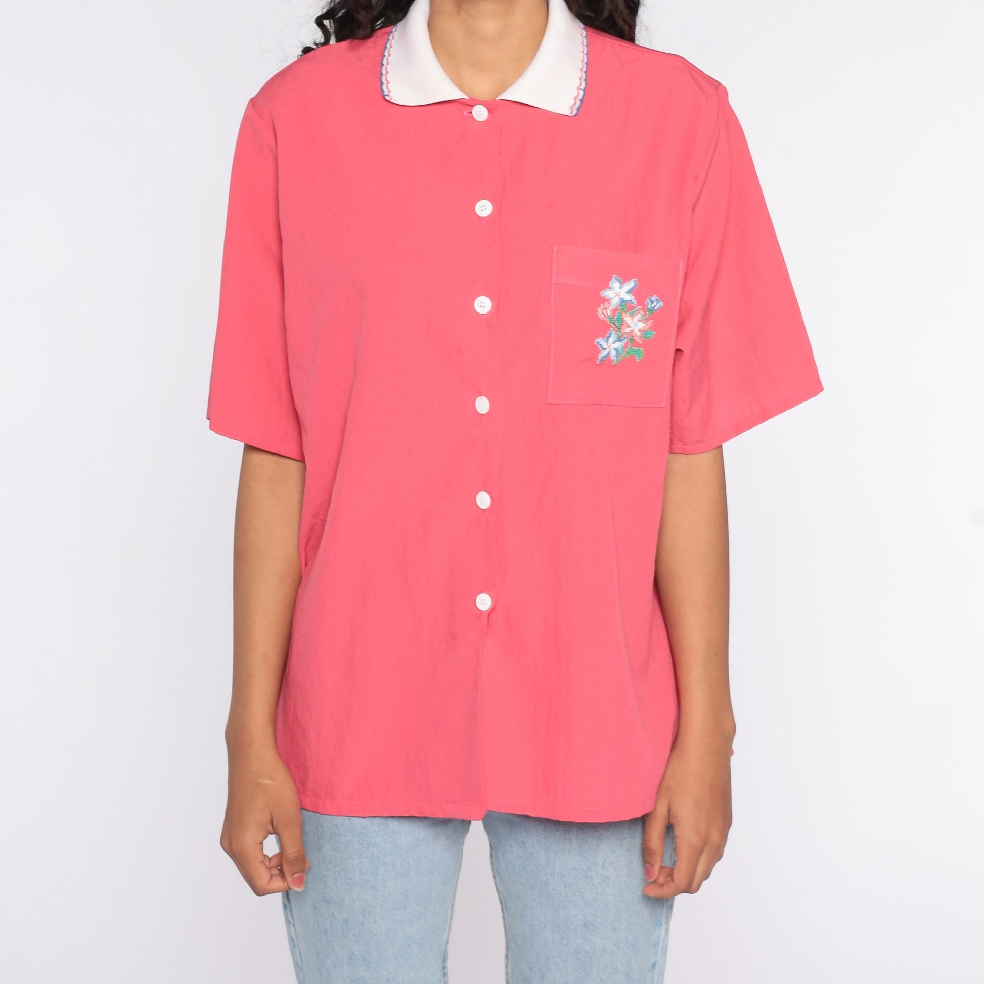 90s Bonworth Floral Button Up Blouse Pink Pocket Shirt Extra Large
