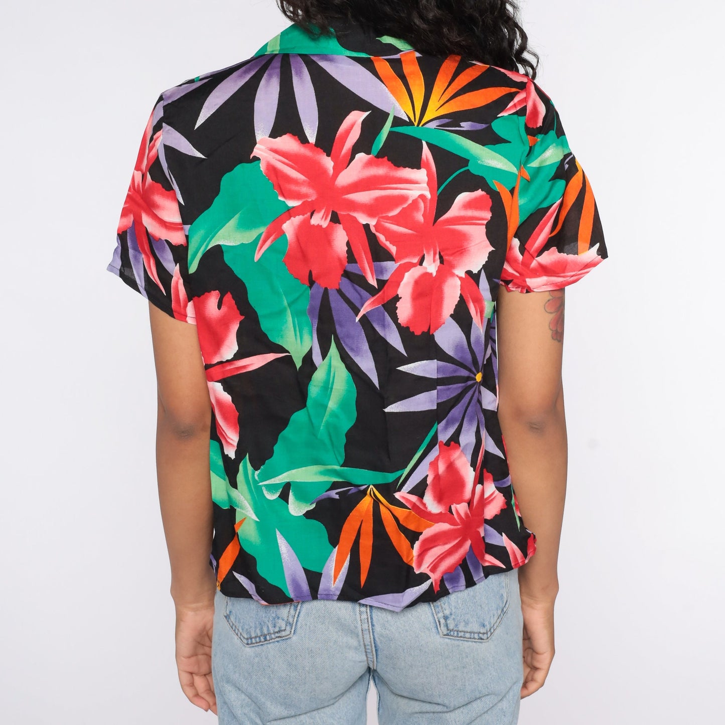80s Tropical Floral Black Button-Up Blouse Short Sleeve Medium