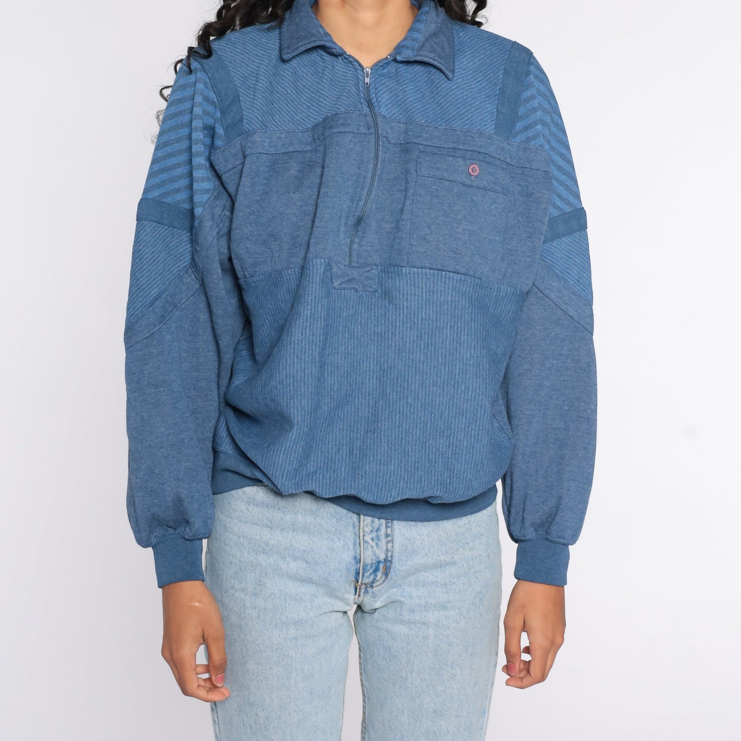 80s Striped Quarter Zip Sweatshirt White Blue Yellow Drawstring Large