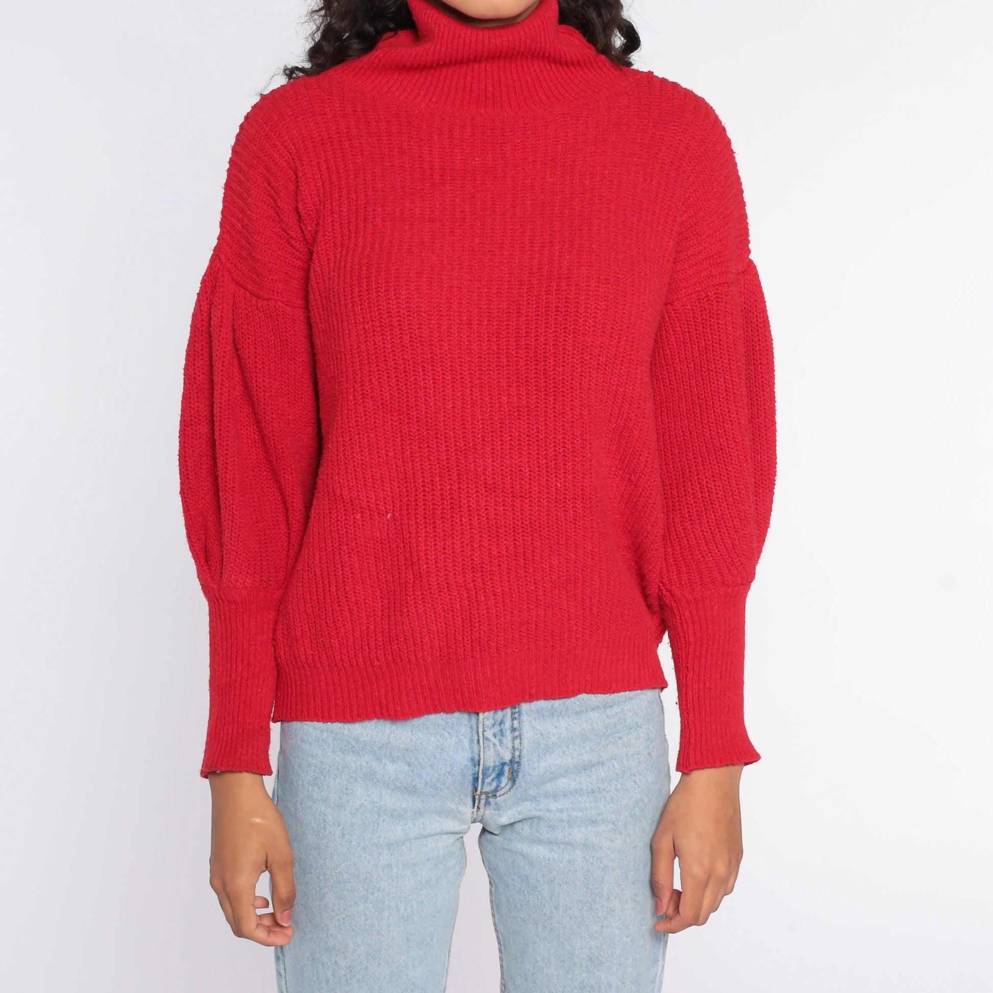 80s Red Mock Neck Balloon Sleeve Knit Sweater Medium