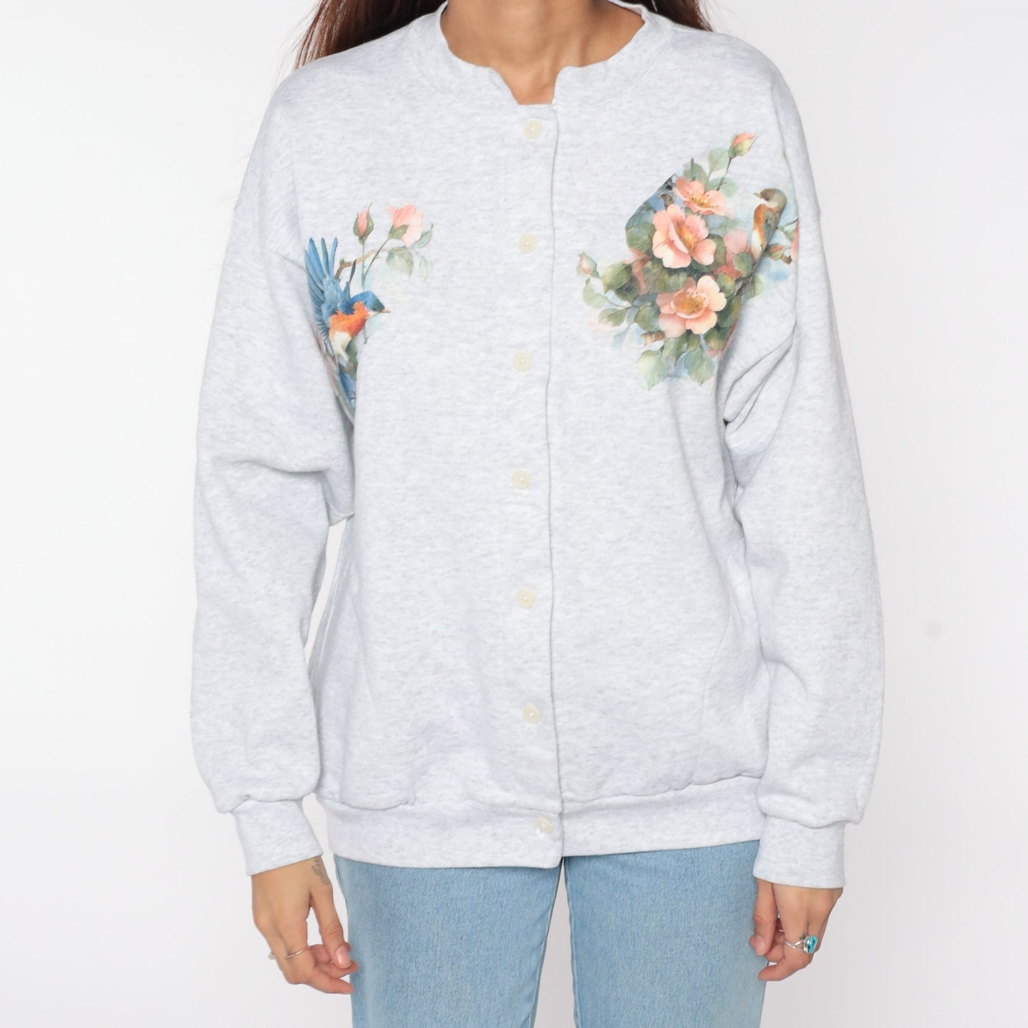 90s Floral Bird Cardigan Sweatshirt Light Grey Button-Up Large
