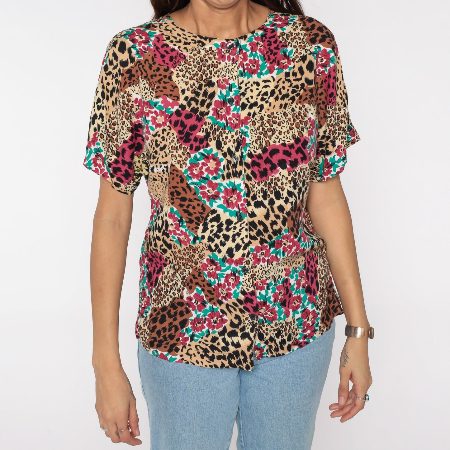 90s Leopard Floral Print Button-Up Blouse Short Sleeve Medium