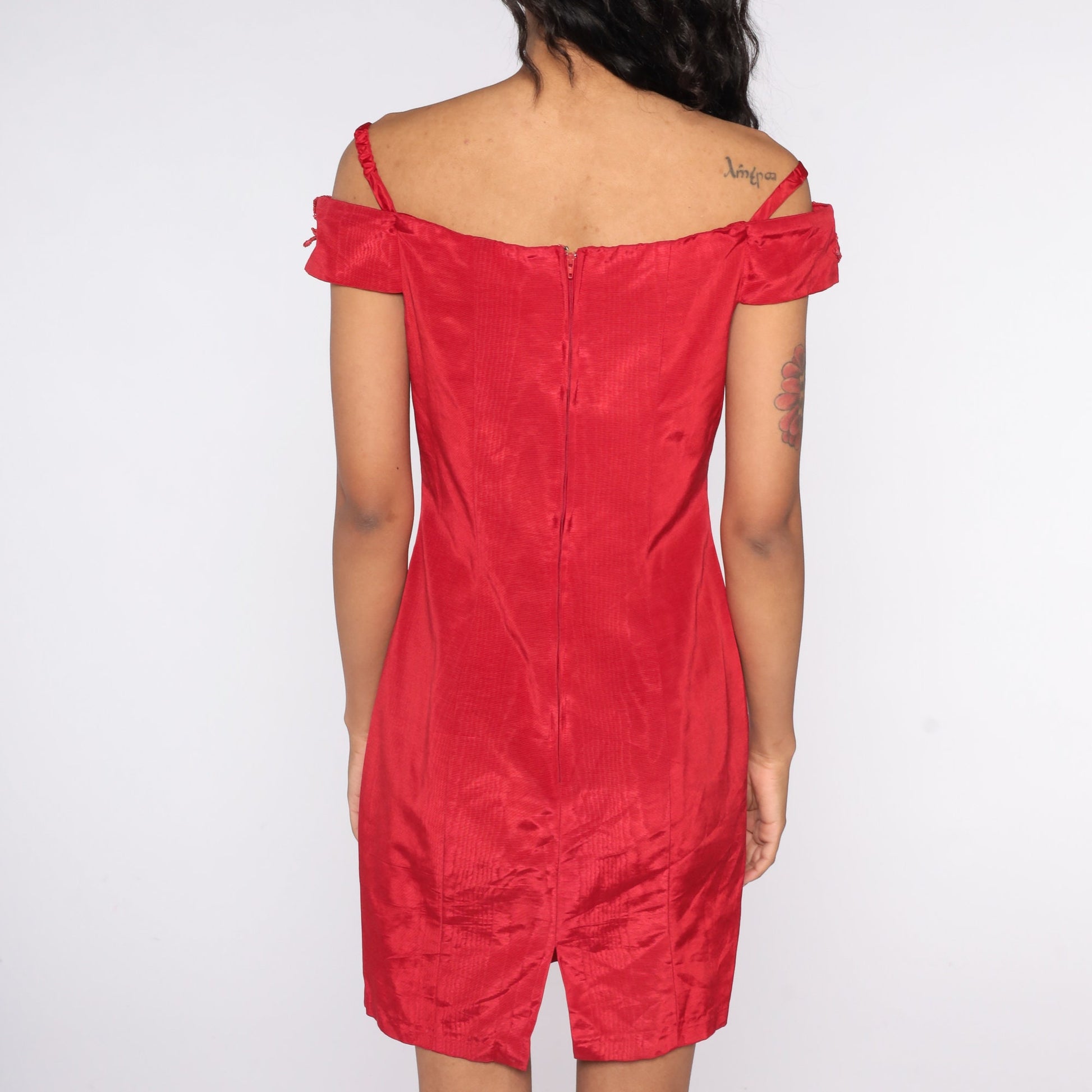 80s Zum Zum Red Off-Shoulder Mini Dress Glitter Trim Bodycon Small