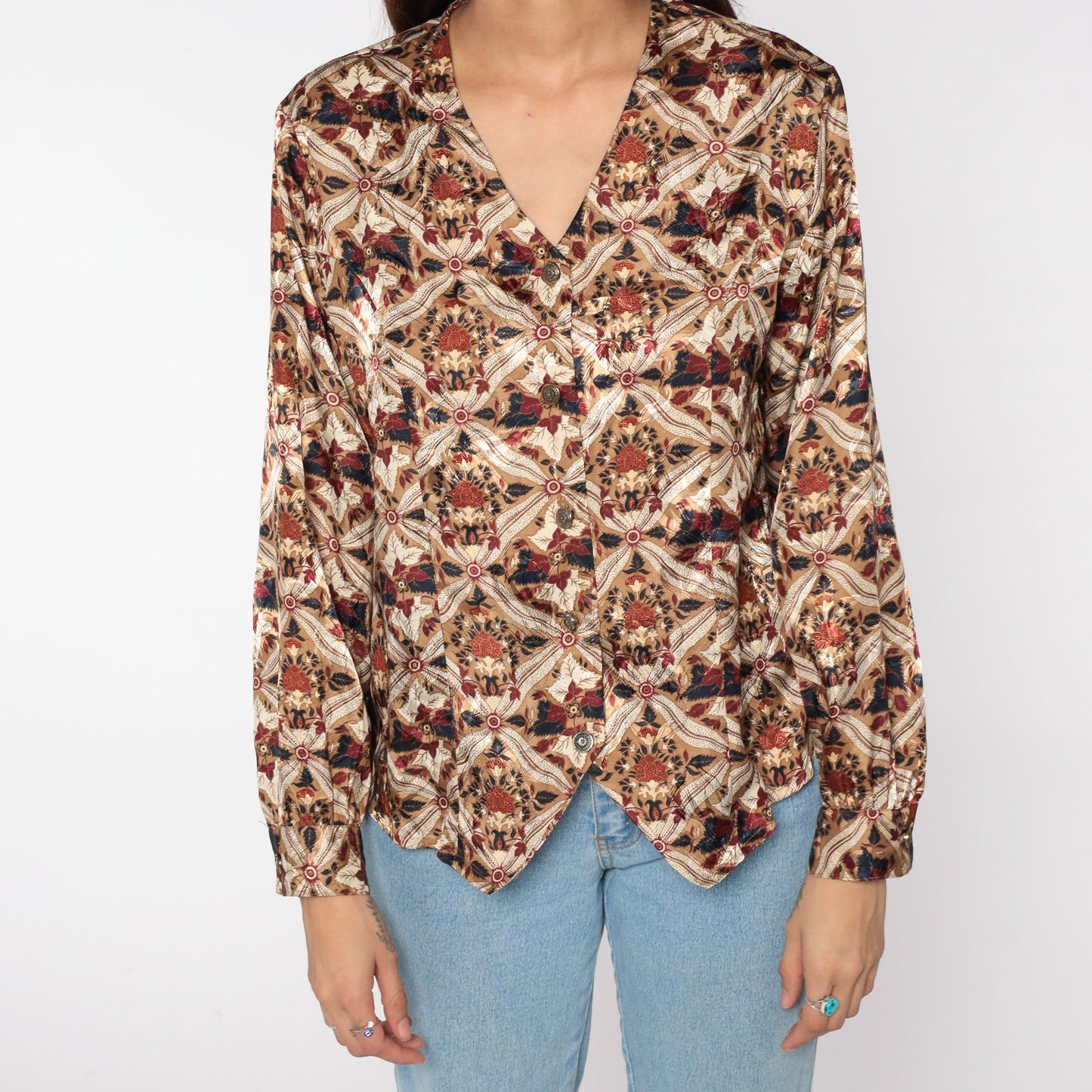 90s Geometric Floral Button Up Blouse Tan Long Sleeve Large