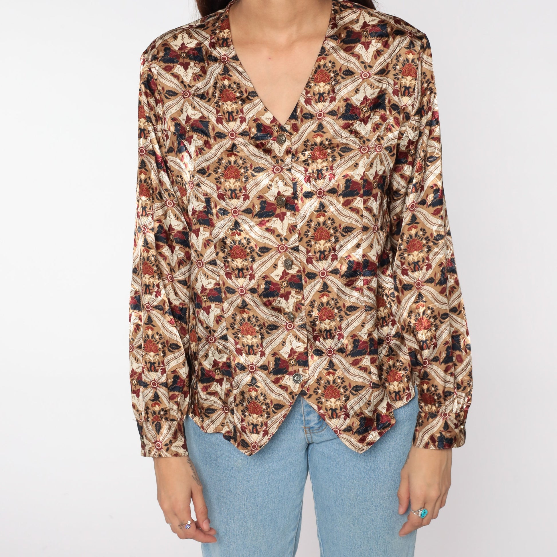 90s Geometric Floral Button Up Blouse Tan Long Sleeve Large