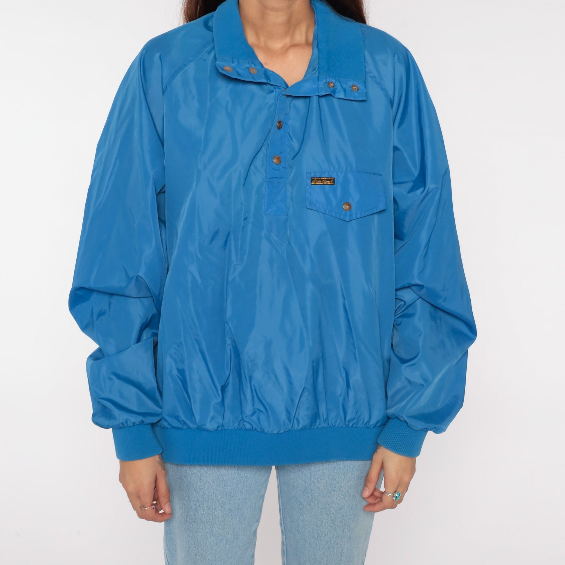 80s Eddie Bauer Half-Snap Windbreaker Pullover Blue Nylon Shell Extra Large