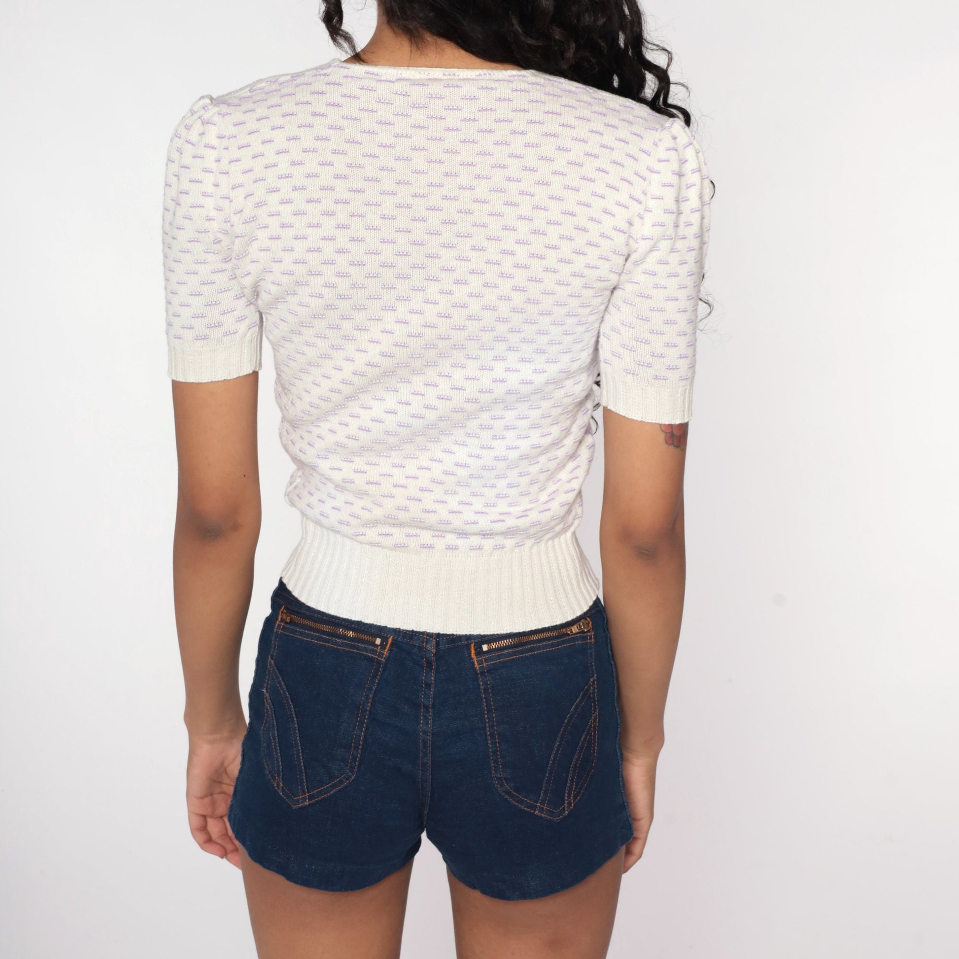 80s White Knit Puff Sleeve Top Cotton Short Sleeve Sweater XXS