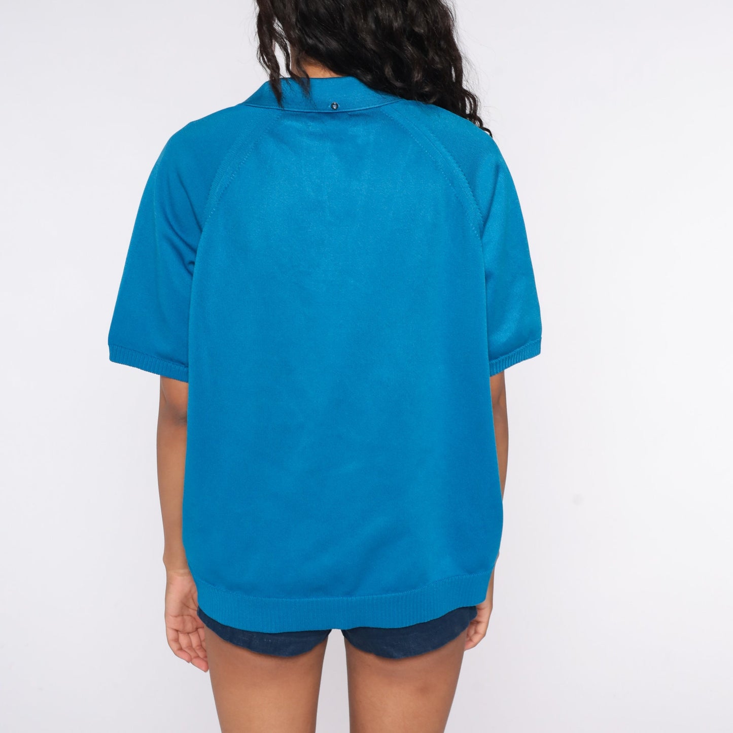 70s Blue Polyester Knit Polo Shirt Pointed Collar Short Sleeve Extra Large