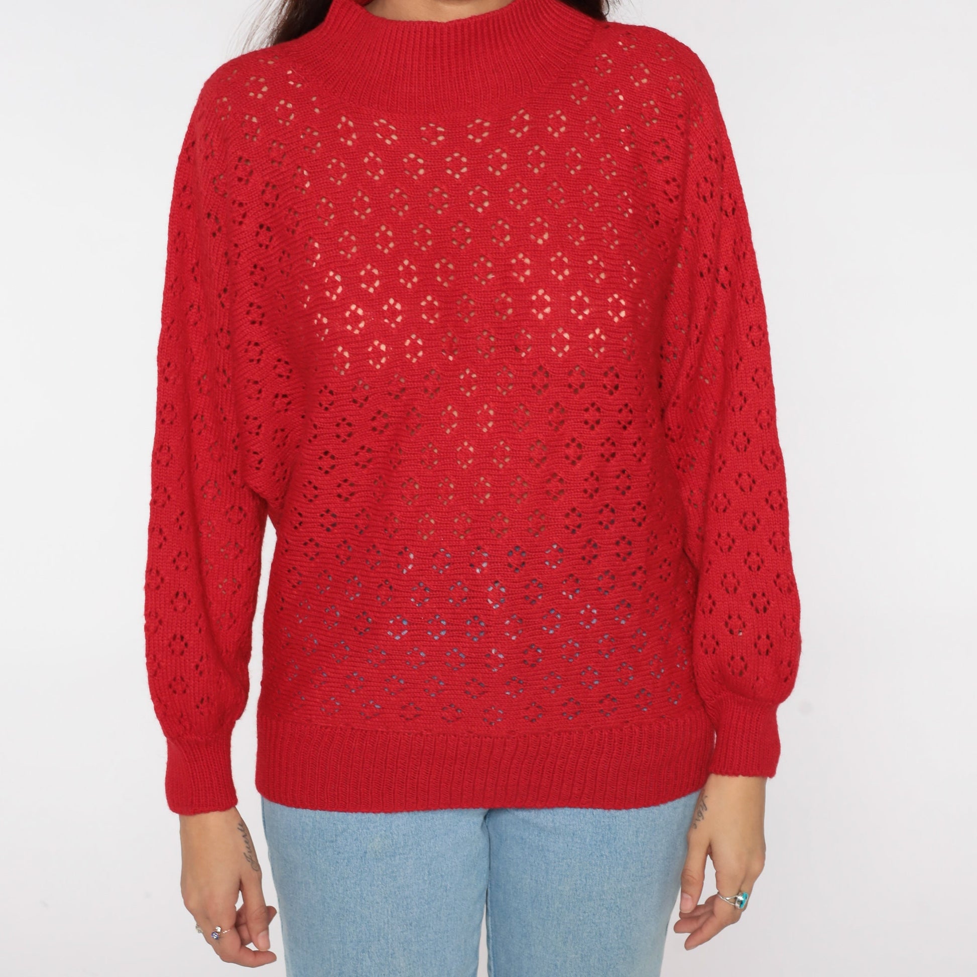 80s Red Crochet Sweater Dolman Sleeve Mock Neck Sheer Knit Medium