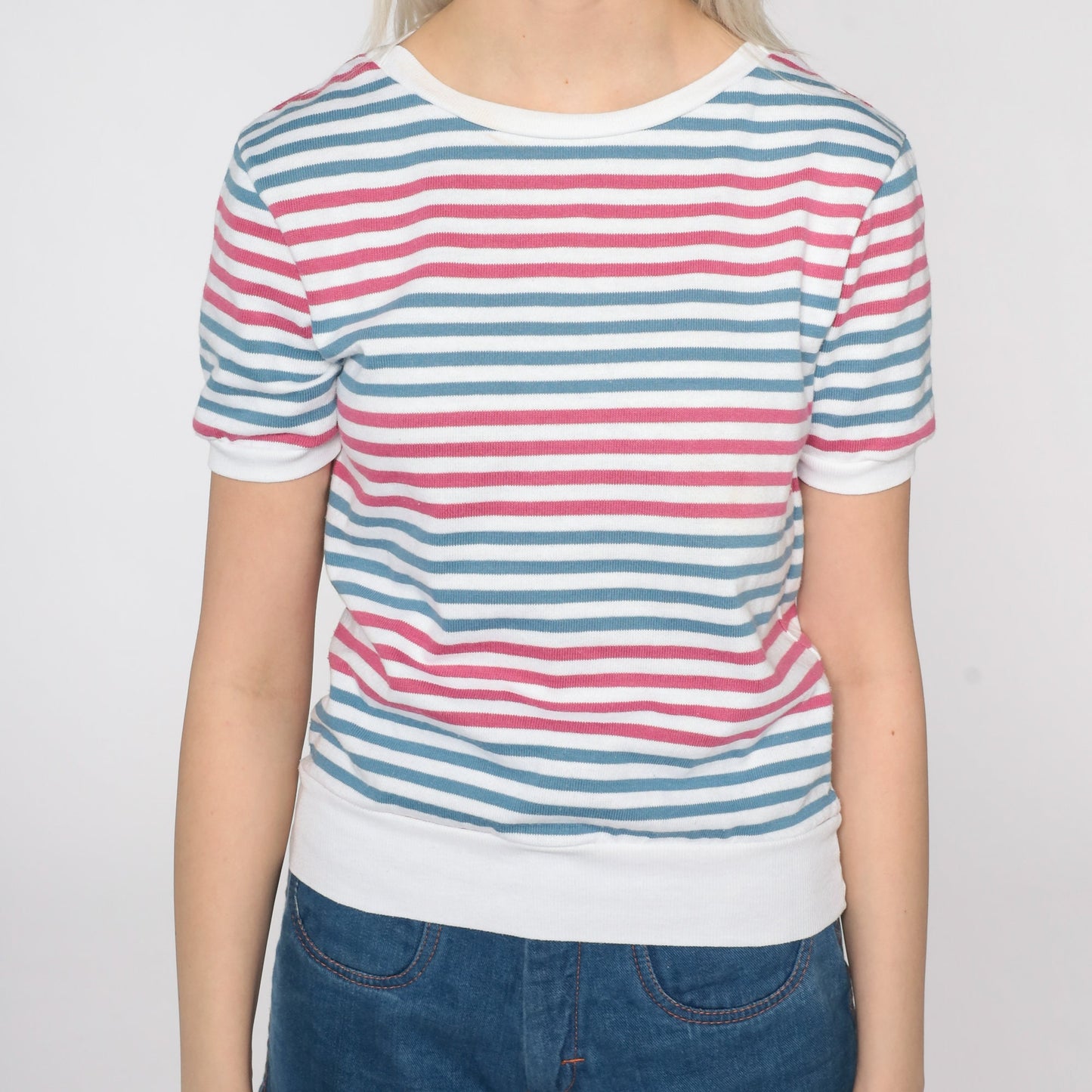 80s Striped Ringer Tee Pink Blue White Cotton Shirt Small S