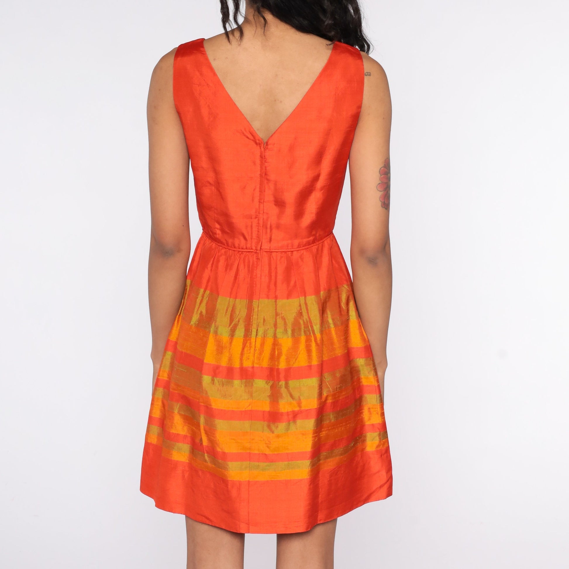 60s Orange Striped Mini Dress High Waist Sleeveless Cocktail Small