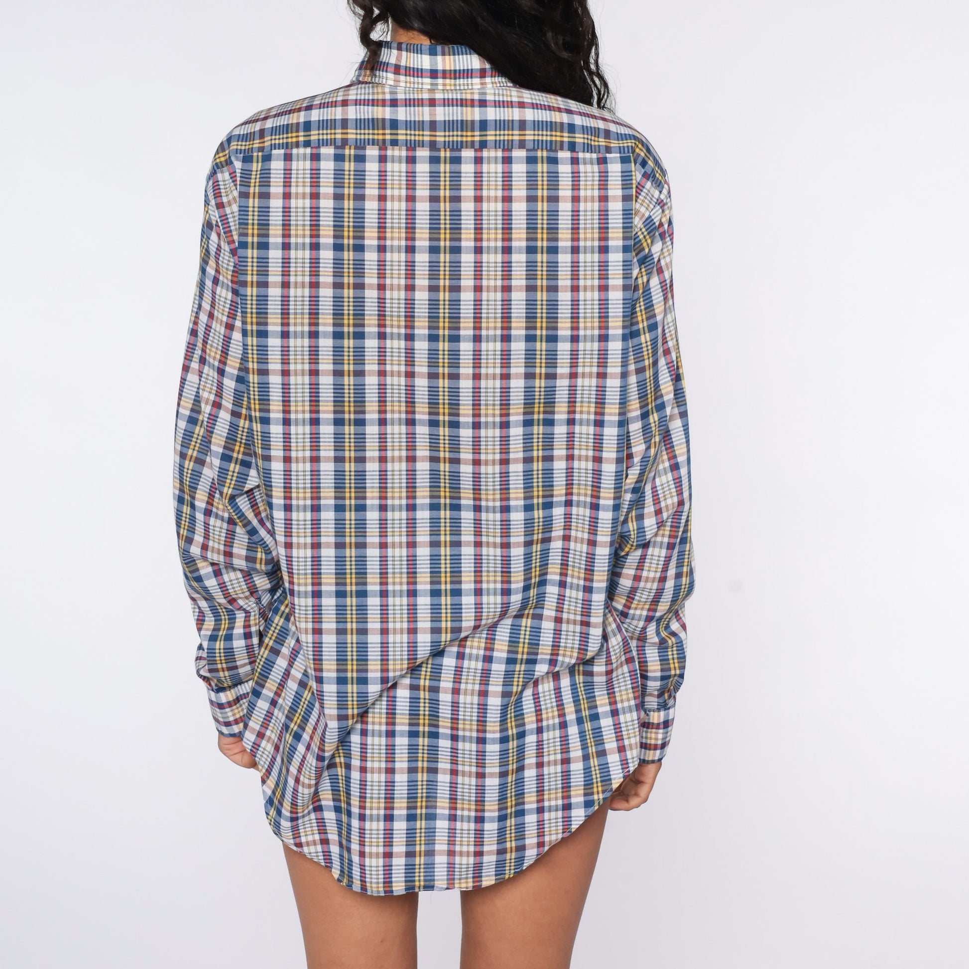 80s Blue Red Plaid Button-Up Shirt Cotton Checkered Oxford Large