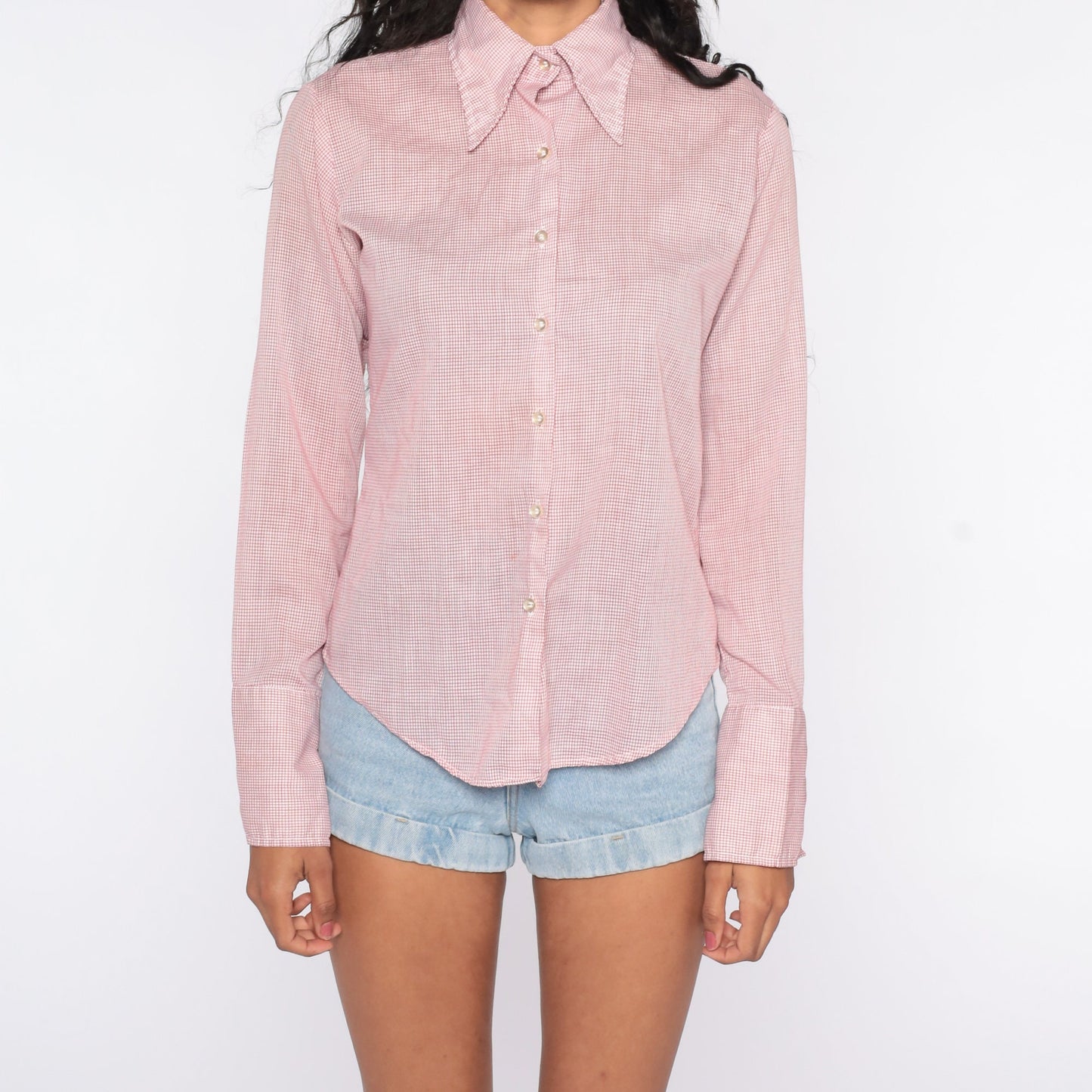 70s Checkered Cotton Shirt Dagger Collar Long Sleeve Blouse Small