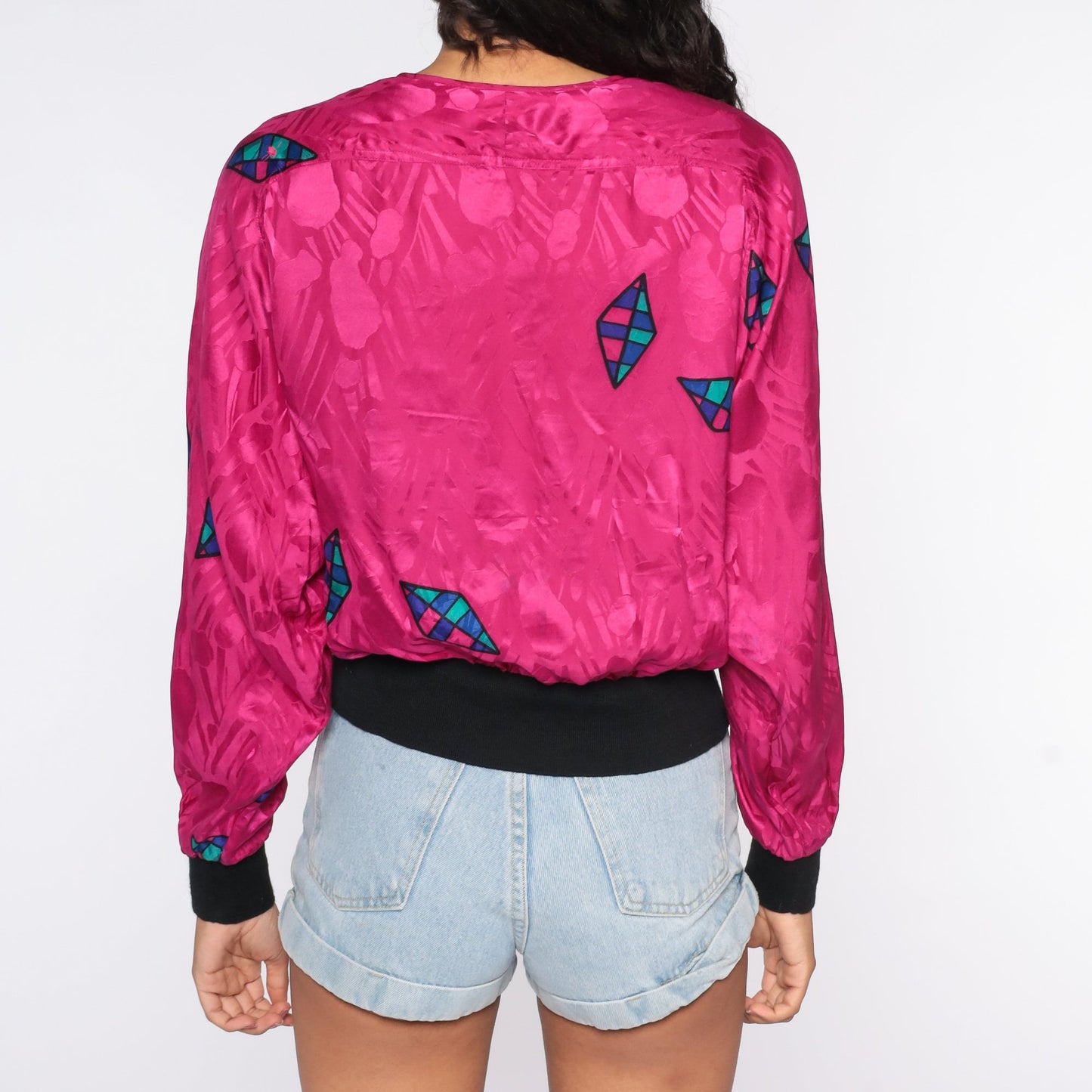 80s Hot Pink Silk Blouse Geometric Print Long Sleeve Medium Large