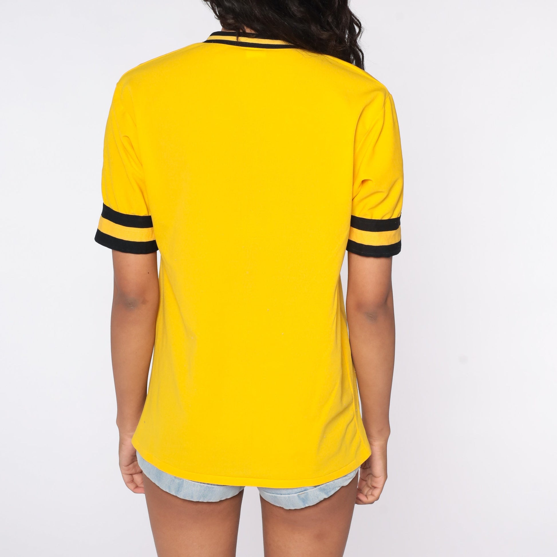 80s Oxygen Plus Ringer Tee Yellow V-Neck Graphic Shirt Medium
