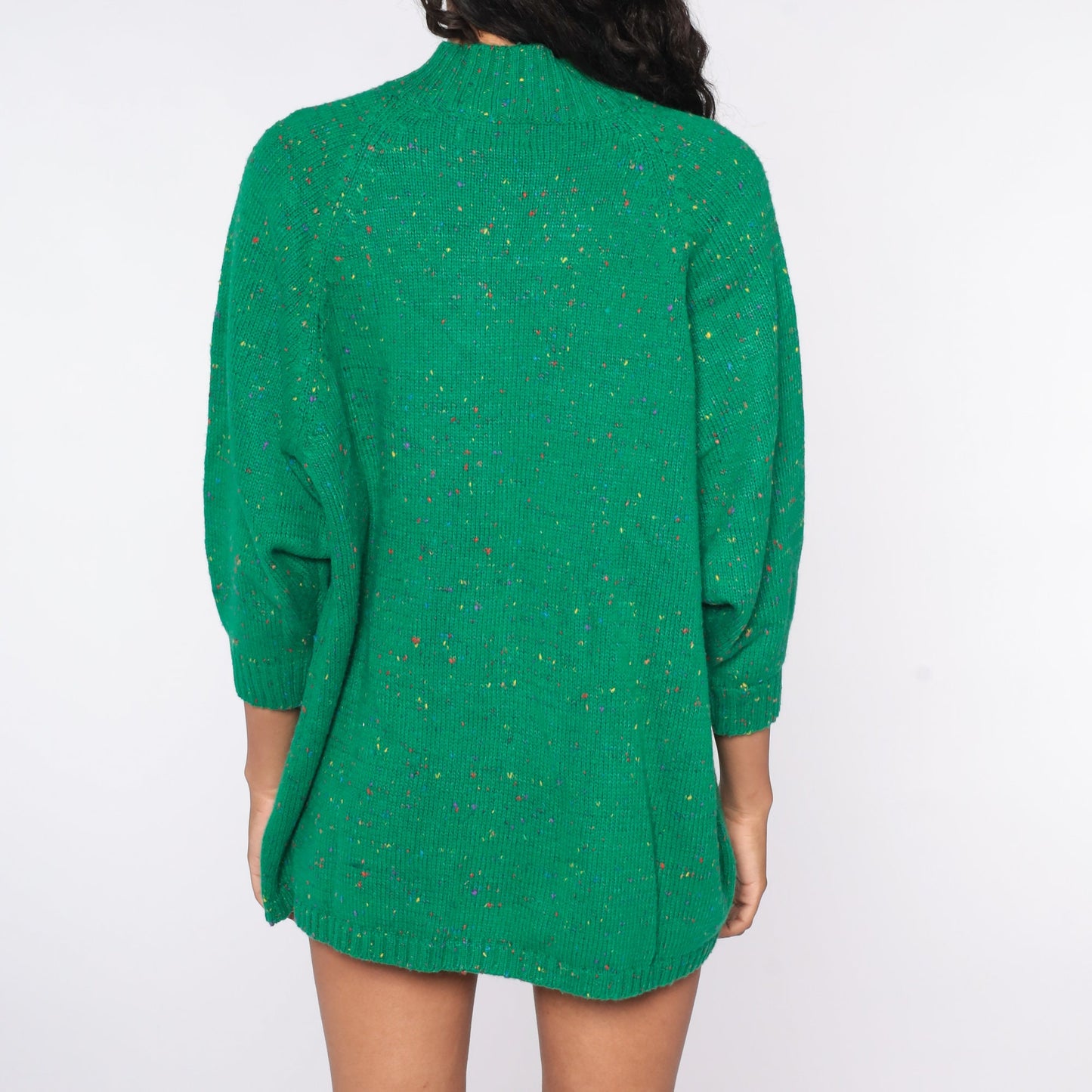 70s Green Flecked Wool Knit Sweater Mock Neck Longline Pullover One Size