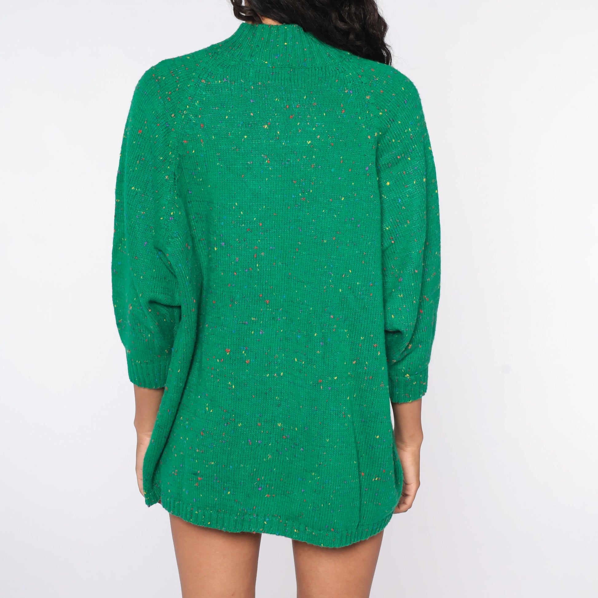 70s Green Flecked Wool Knit Sweater Mock Neck Longline Pullover One Size