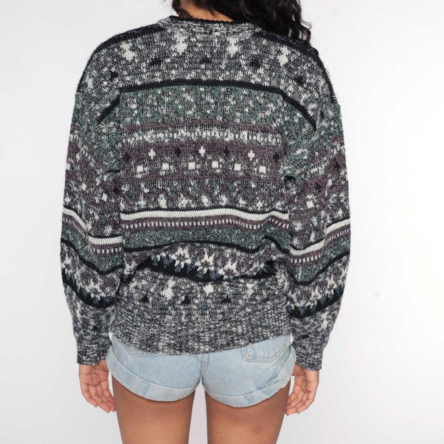 80s Geometric Flecked Grey Striped Knit Sweater V Neck Pullover Medium