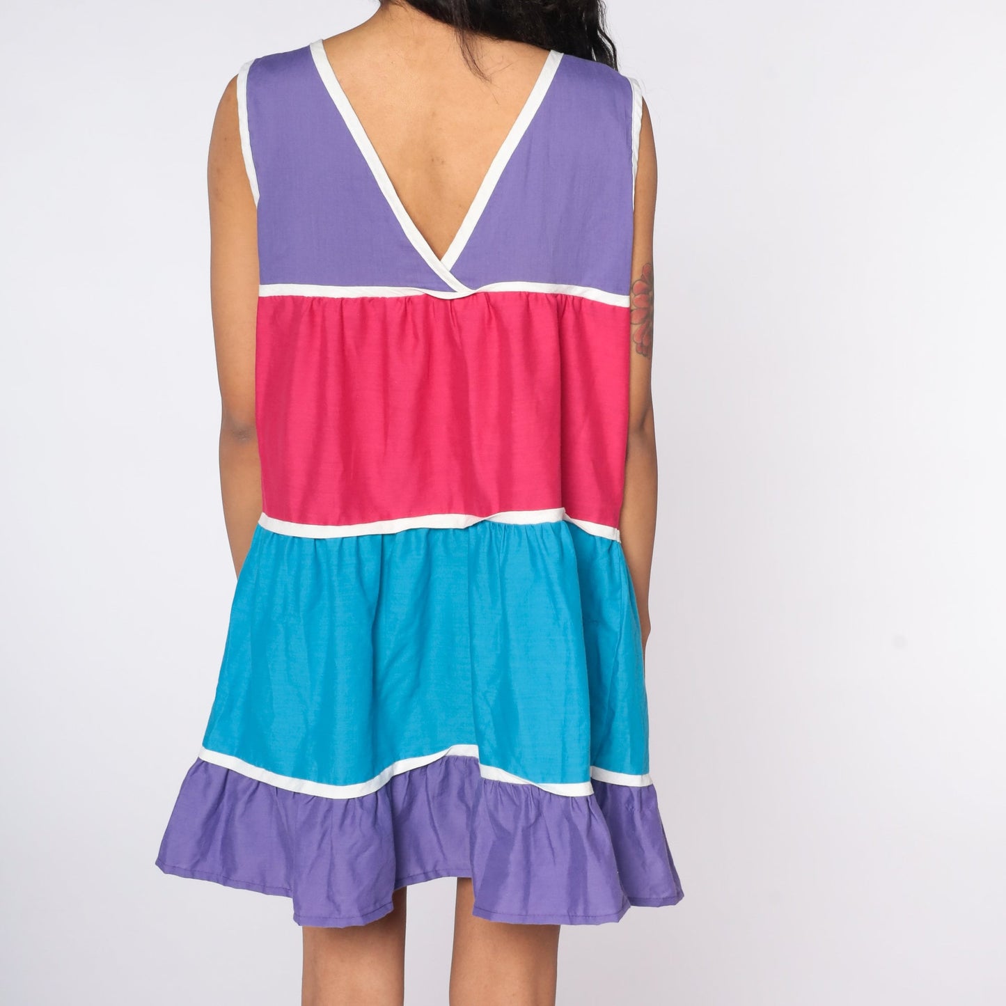 80s Color Block Mini Tank Dress Pink Purple Striped Tent Cut Large L