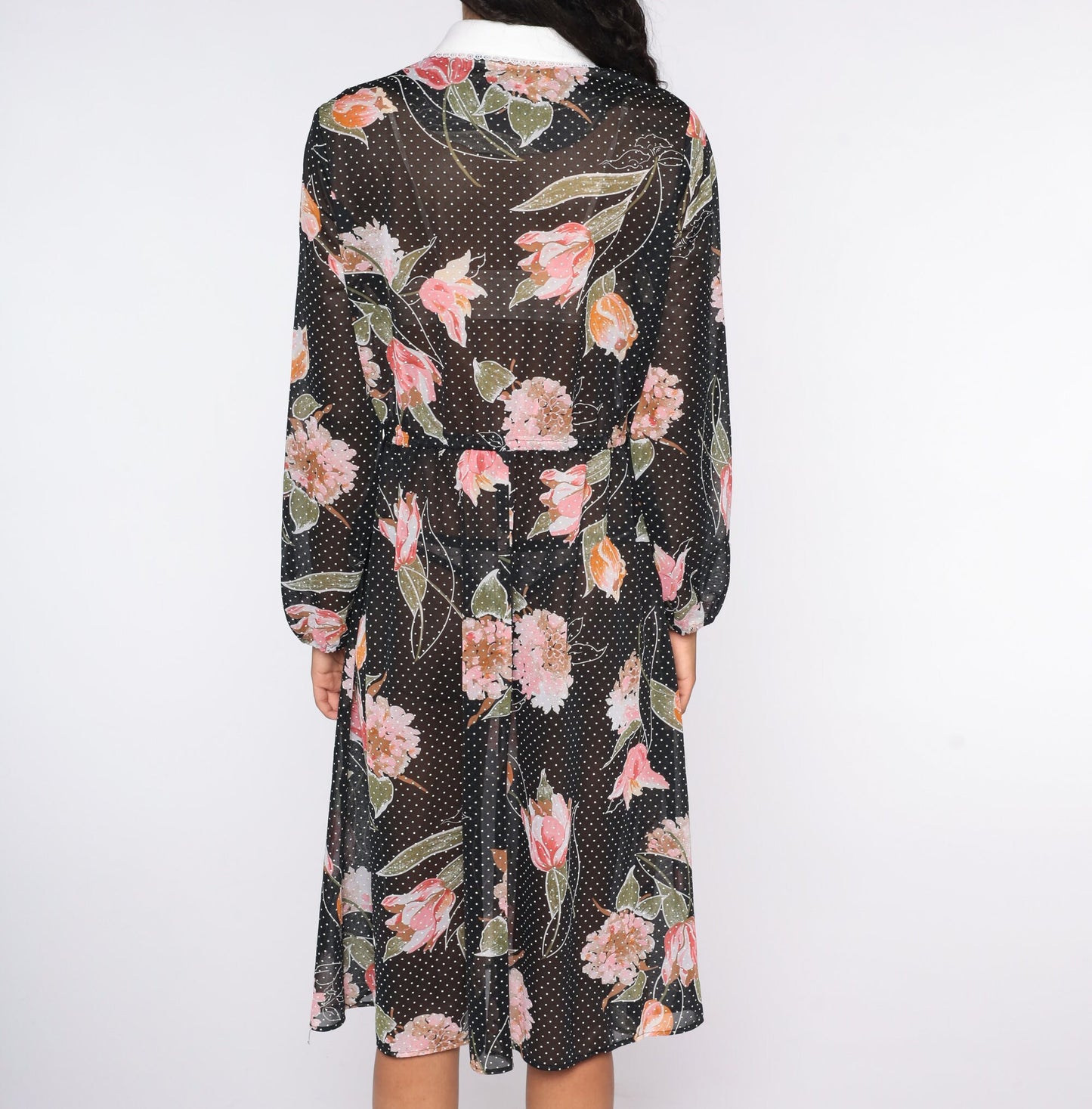 80s Black Floral Sheer Midi Dress Long Sleeve Button Up High Waist Large