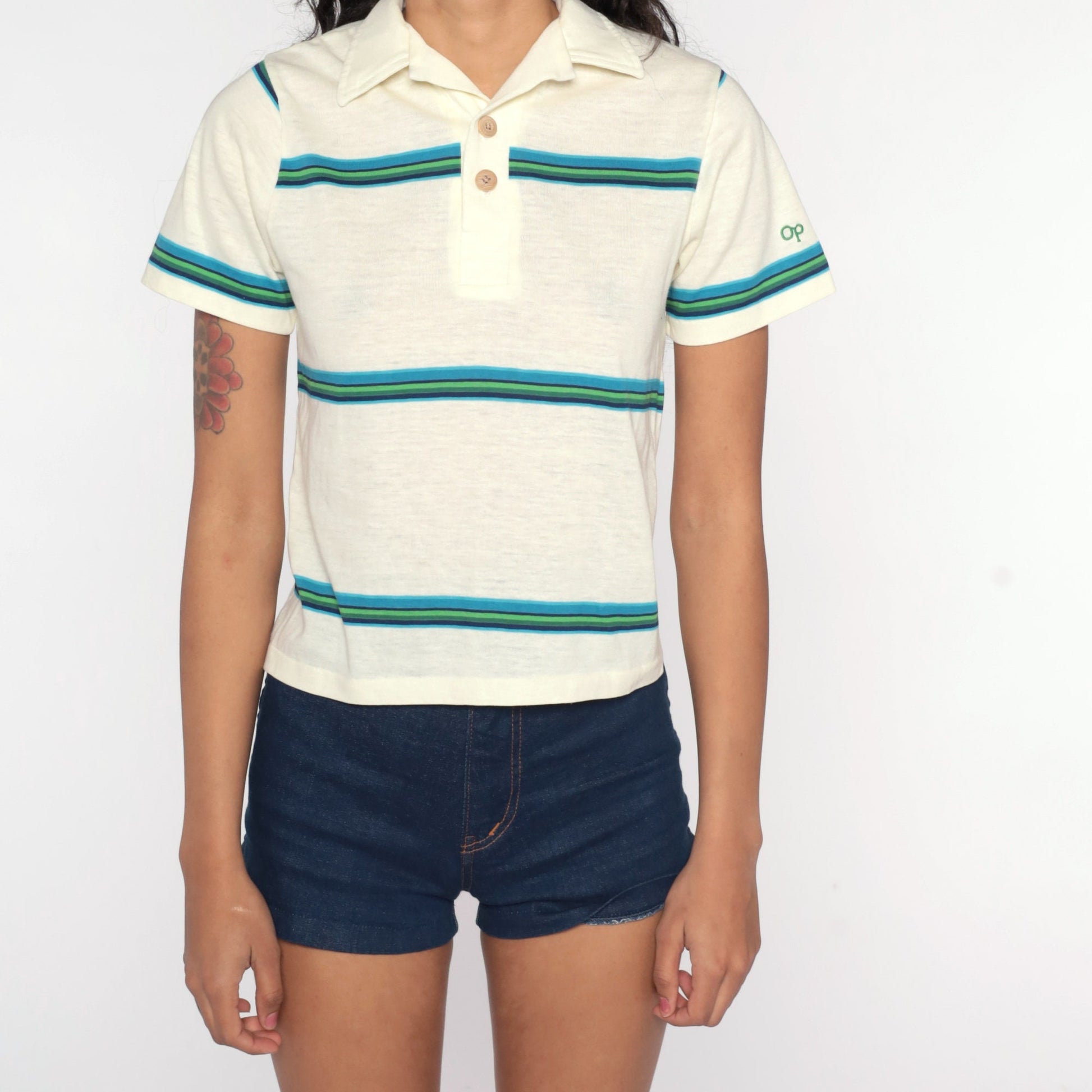 70s Ocean Pacific Striped Button-Up Shirt Cream Polo Small S