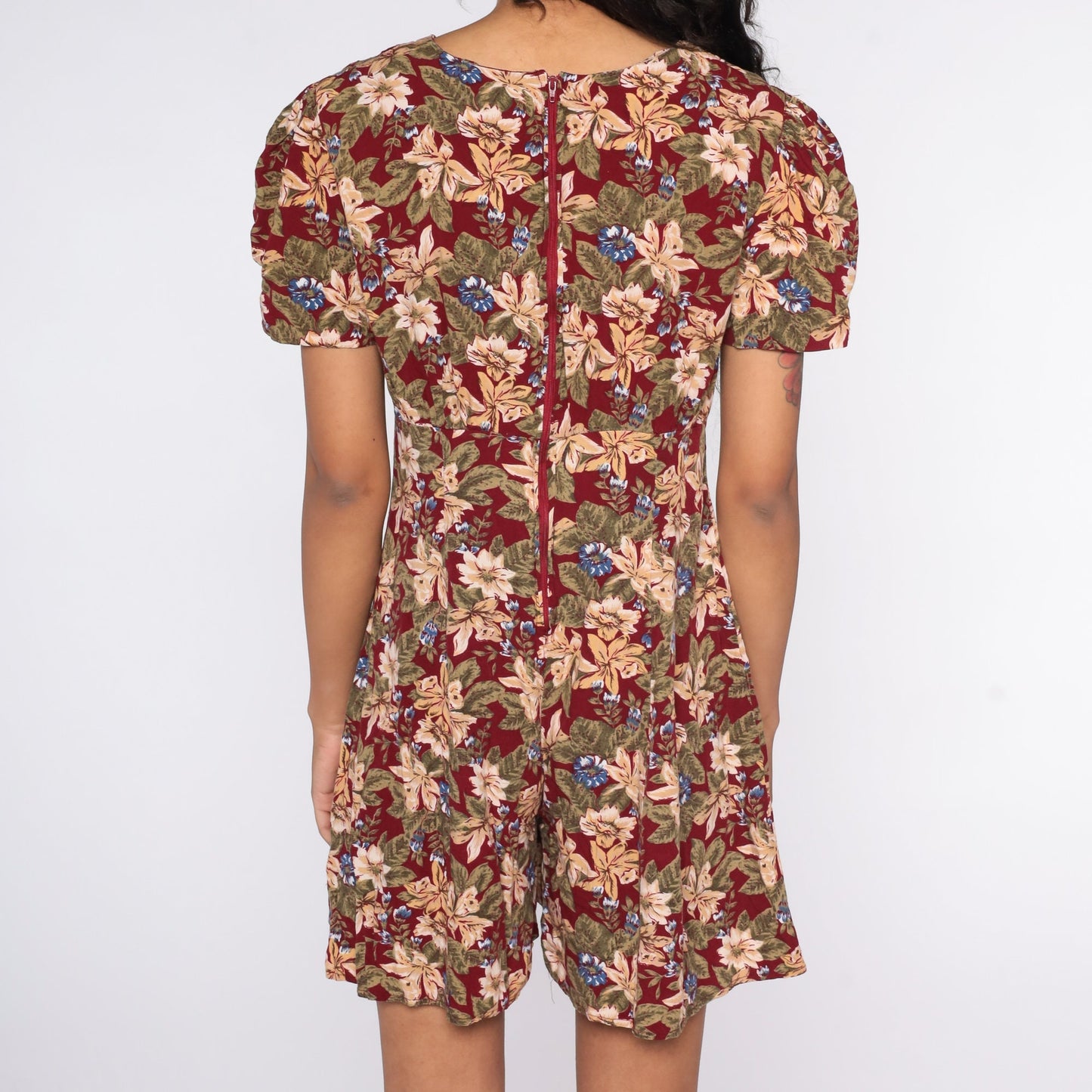 90s Burgundy Floral Romper Wide Leg Empire Waist Playsuit Small