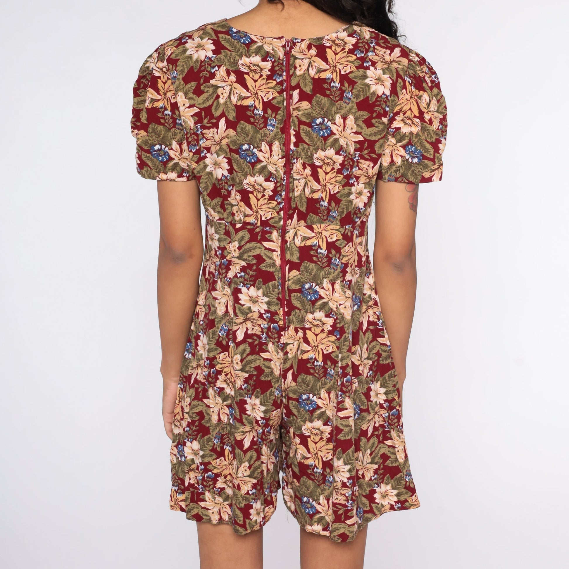 90s Burgundy Floral Romper Wide Leg Empire Waist Playsuit Small