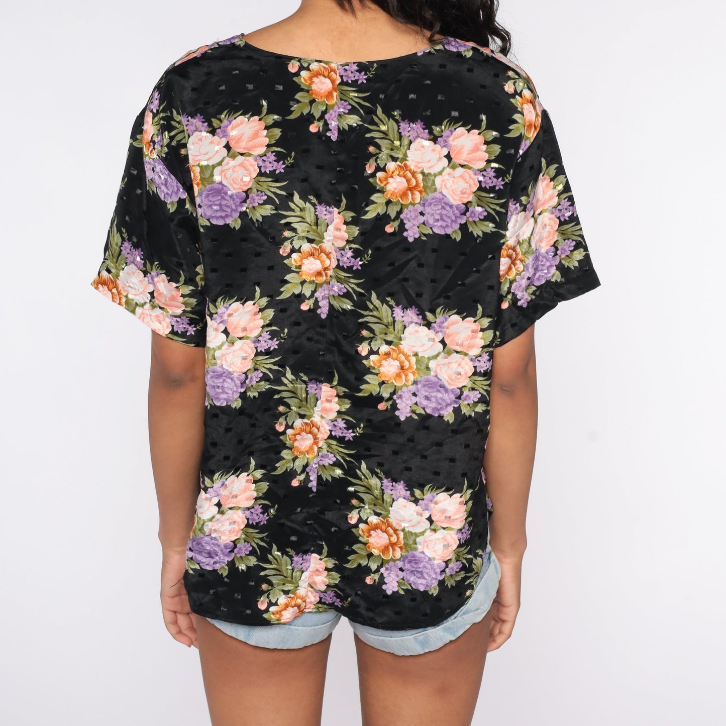 80s Black Floral Embossed Blouse Short Sleeve Shirt Plus Size 14W