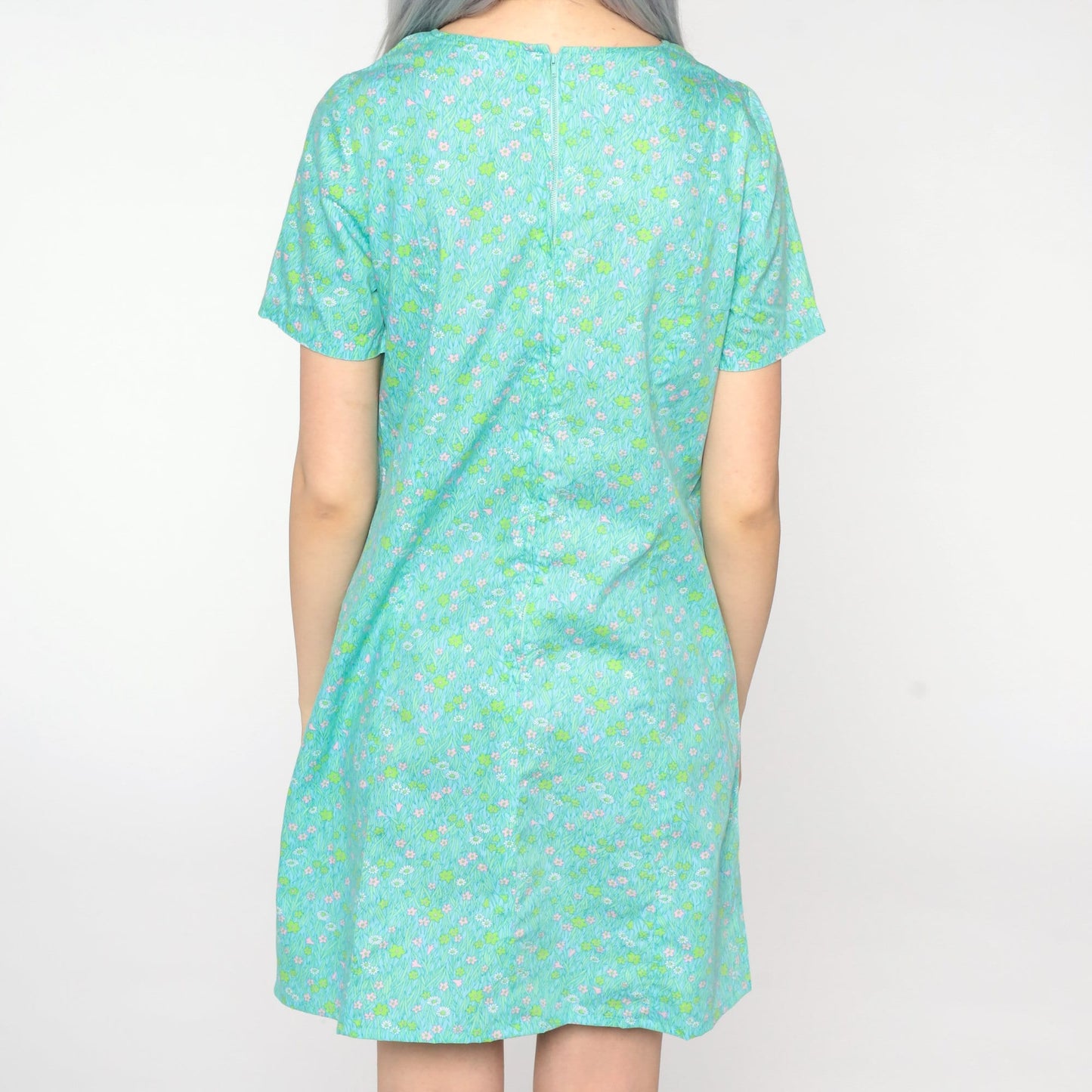 1960s Floral Shift Dress Mini Green Blue Mod Small S