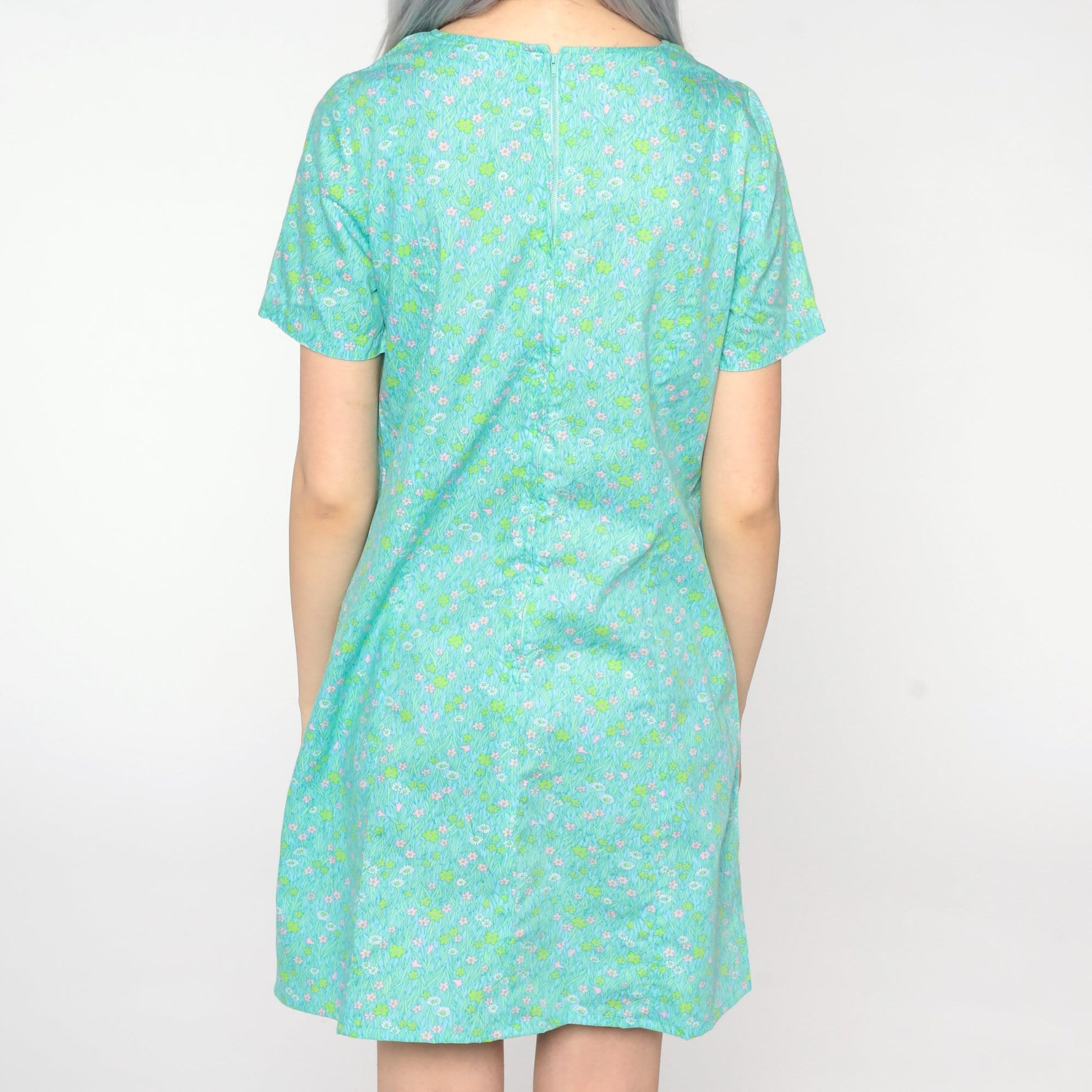 1960s Floral Shift Dress Mini Green Blue Mod Small S