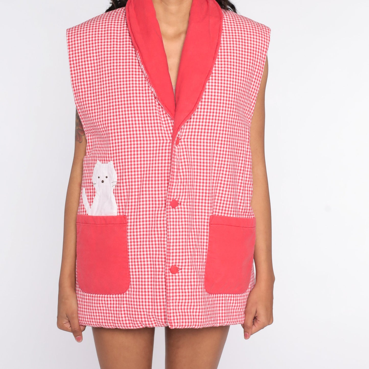 80s Cat Gingham Quilted Vest Red Checkered Button Up Extra Large XL