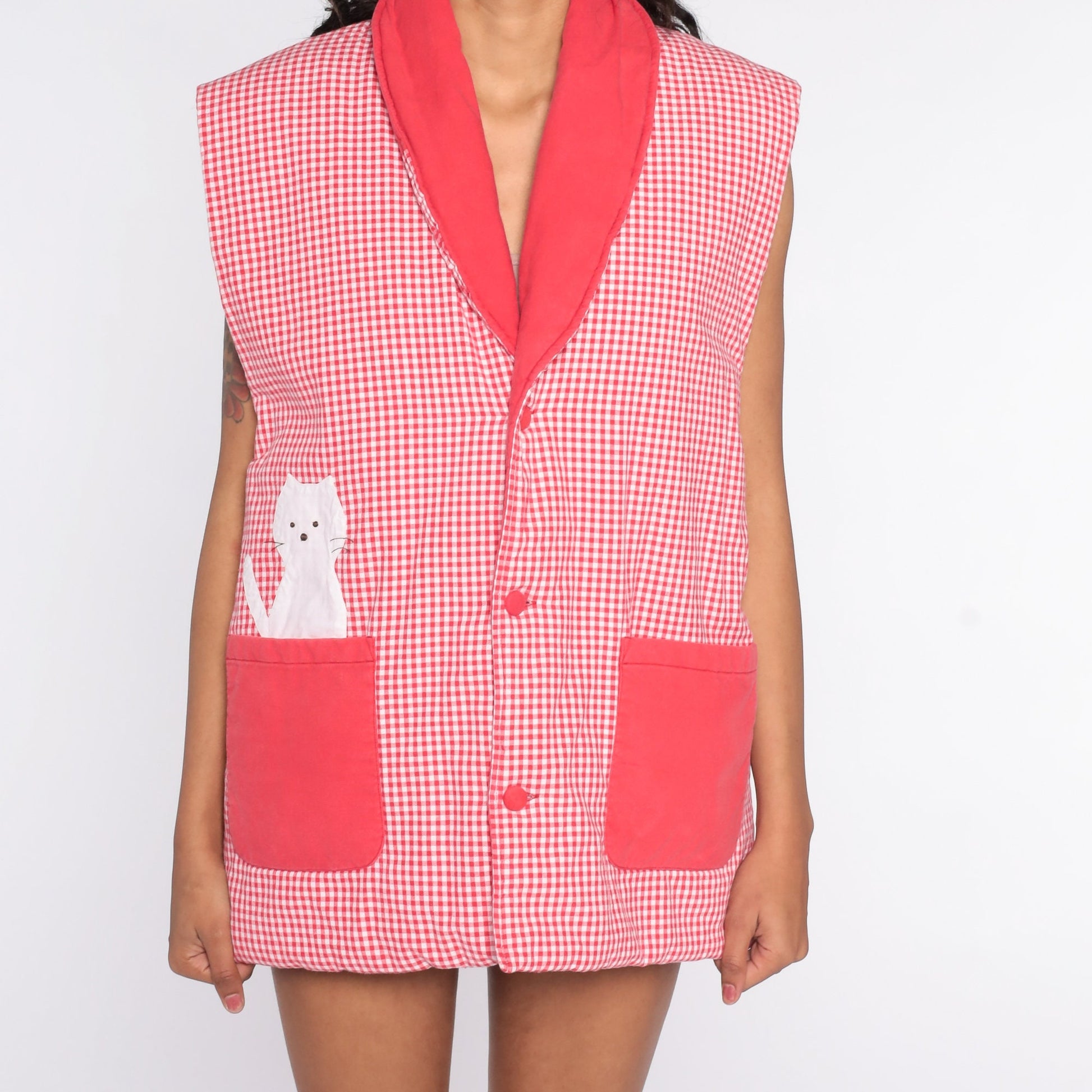 80s Cat Gingham Quilted Vest Red Checkered Button Up Extra Large XL