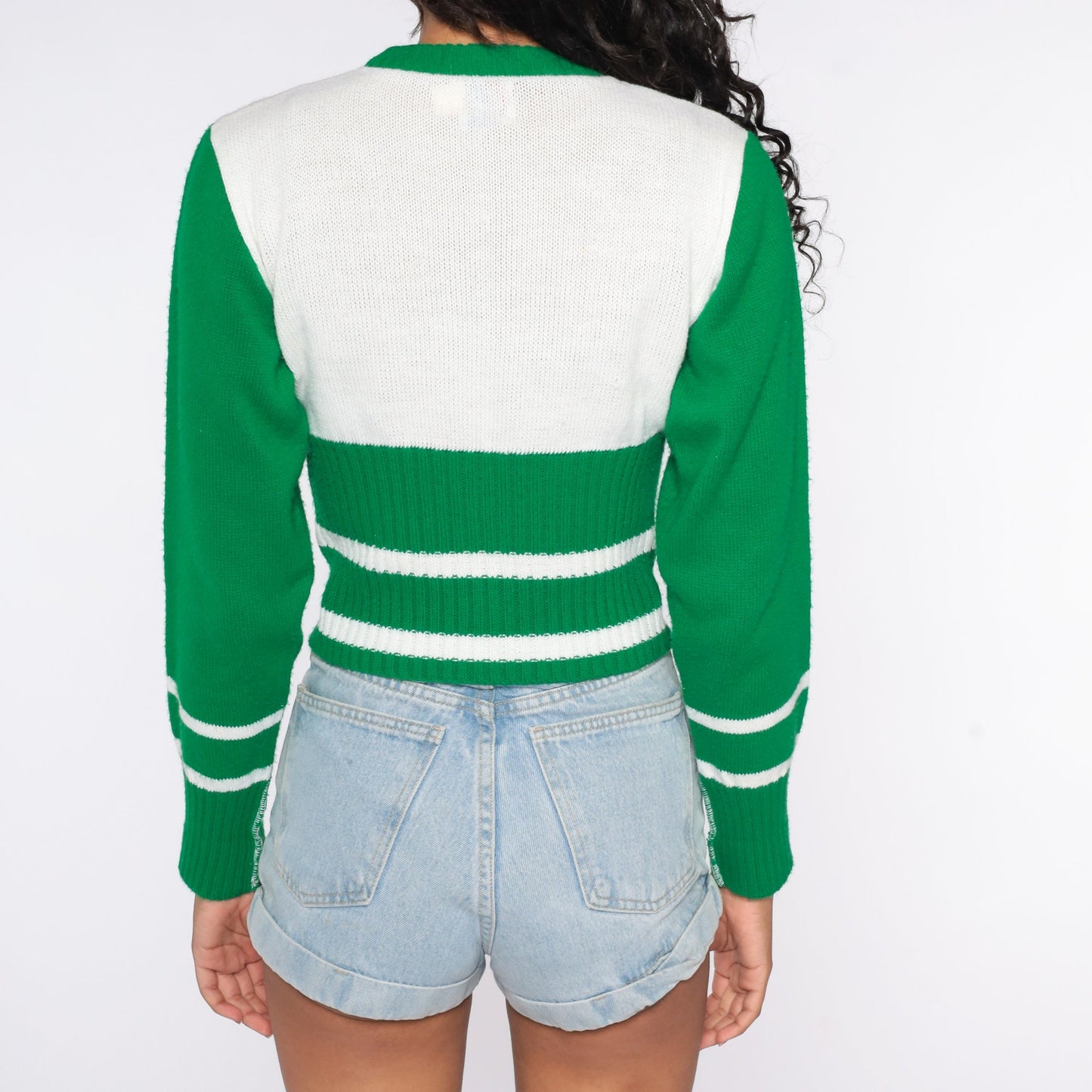 70s Striped Knit Sweater White Green Ringer Pullover Small