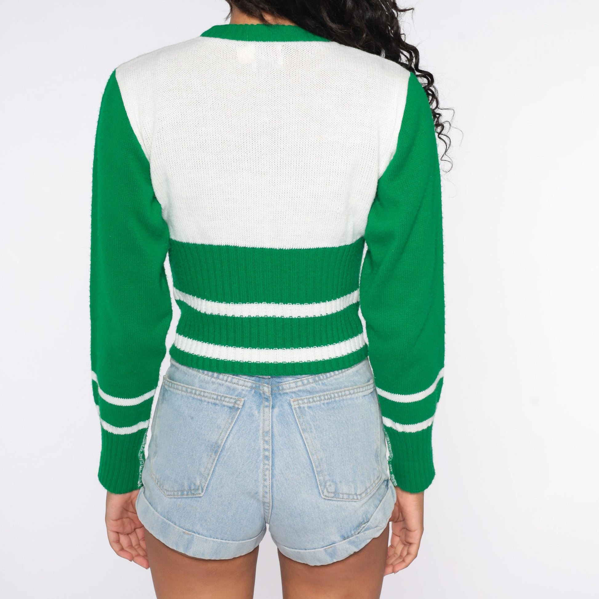 70s Striped Knit Sweater White Green Ringer Pullover Small