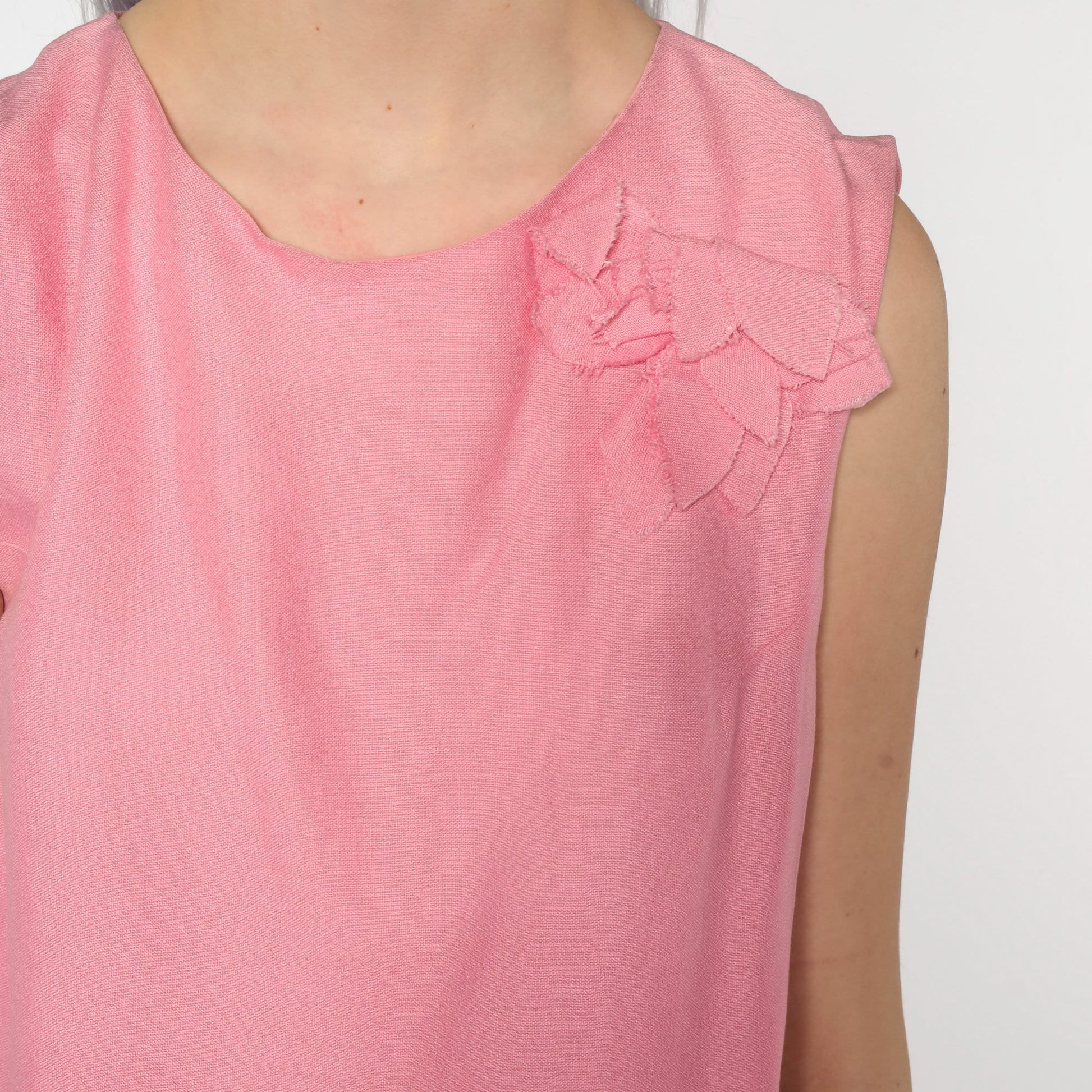 60s Floral Embroidered Shift Mini Dress Pink Sleeveless Small Medium