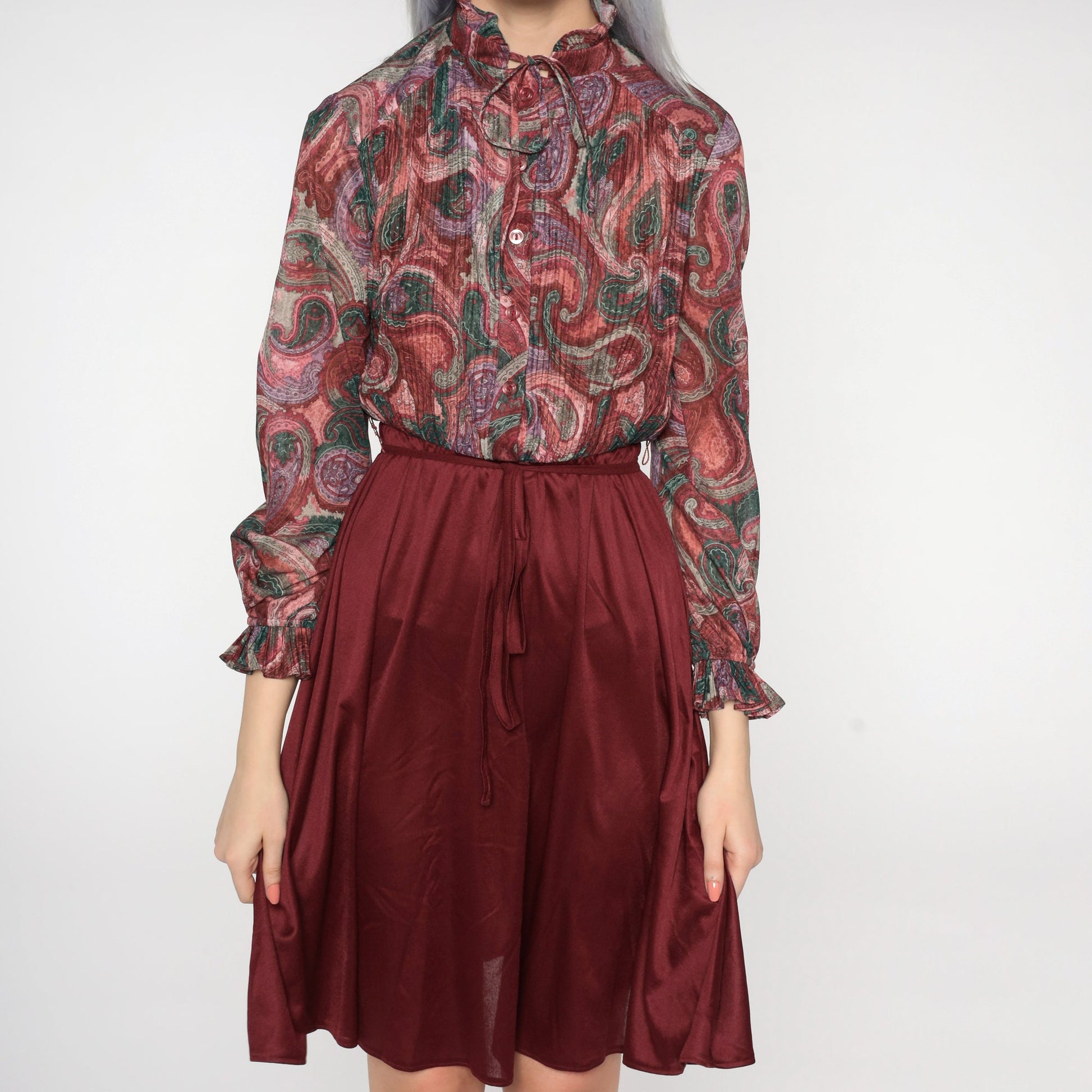 80s Paisley Mini Dress Burgundy Button-Up High Waisted Long Sleeve Small