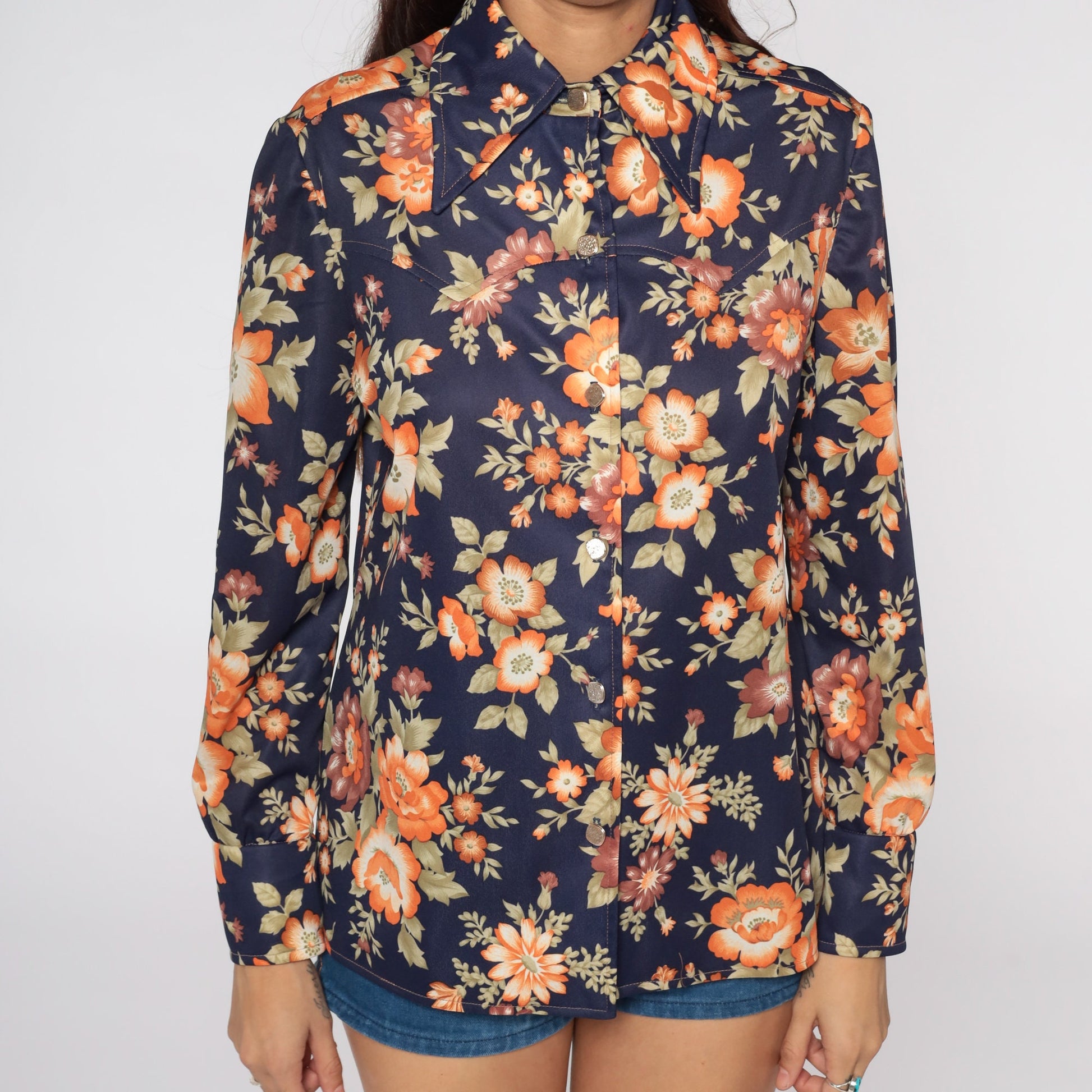 70s Floral Button Up Shirt Navy Blue Pointed Collar Long Sleeve Medium