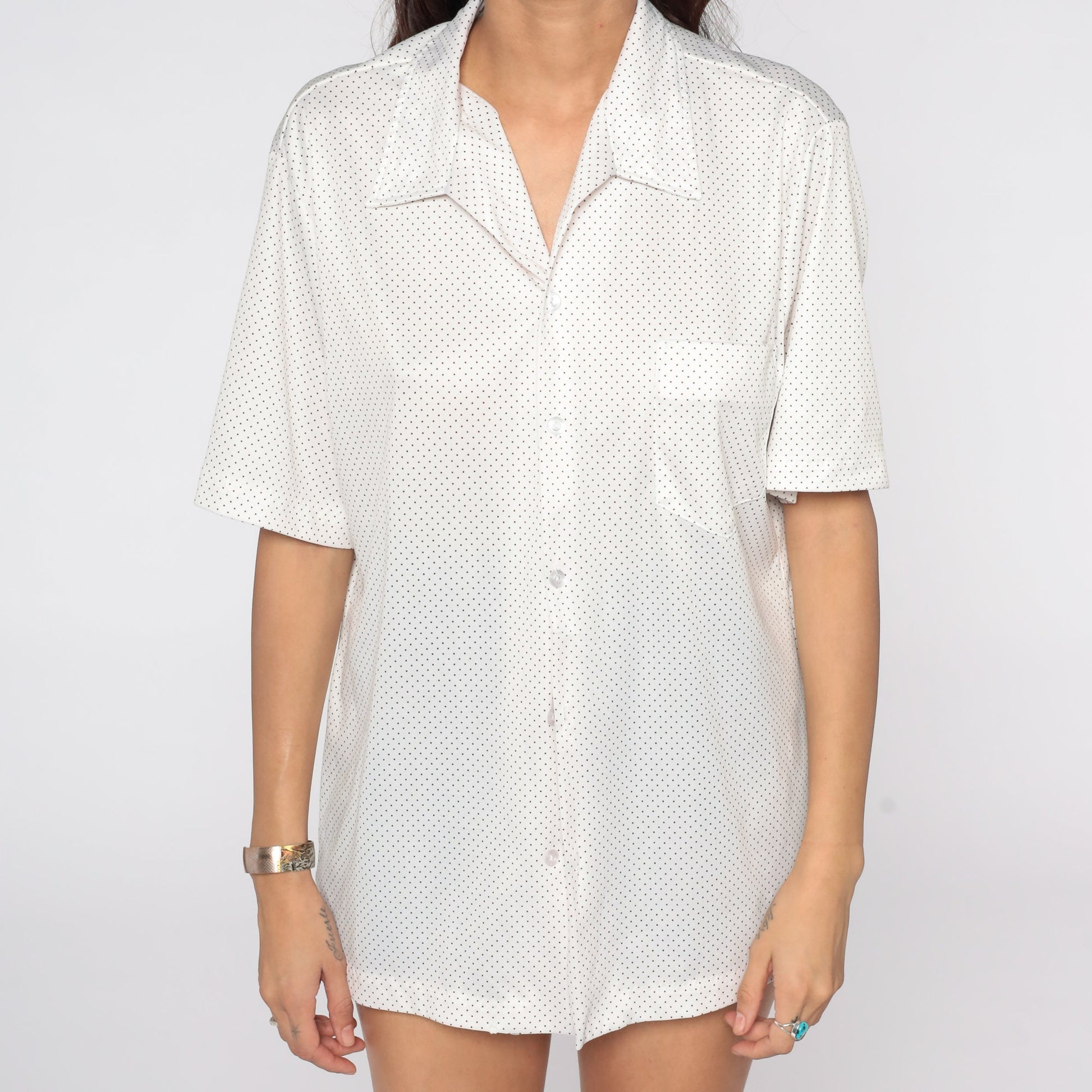 70s Polka Dot Button-Up Shirt White Short Sleeve Men's Large L