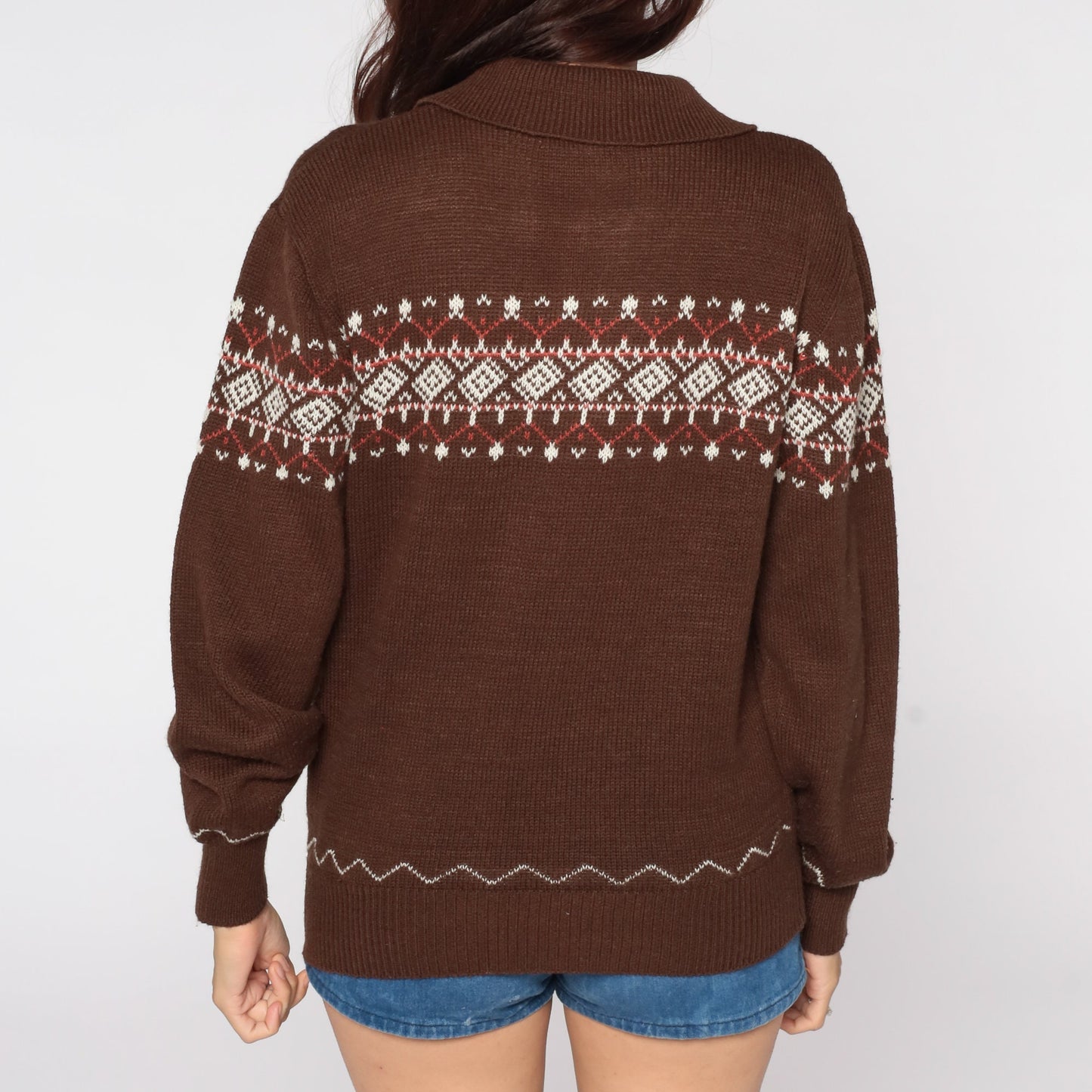 70s Fair Isle Sweater Brown Knit Geometric Pullover Medium