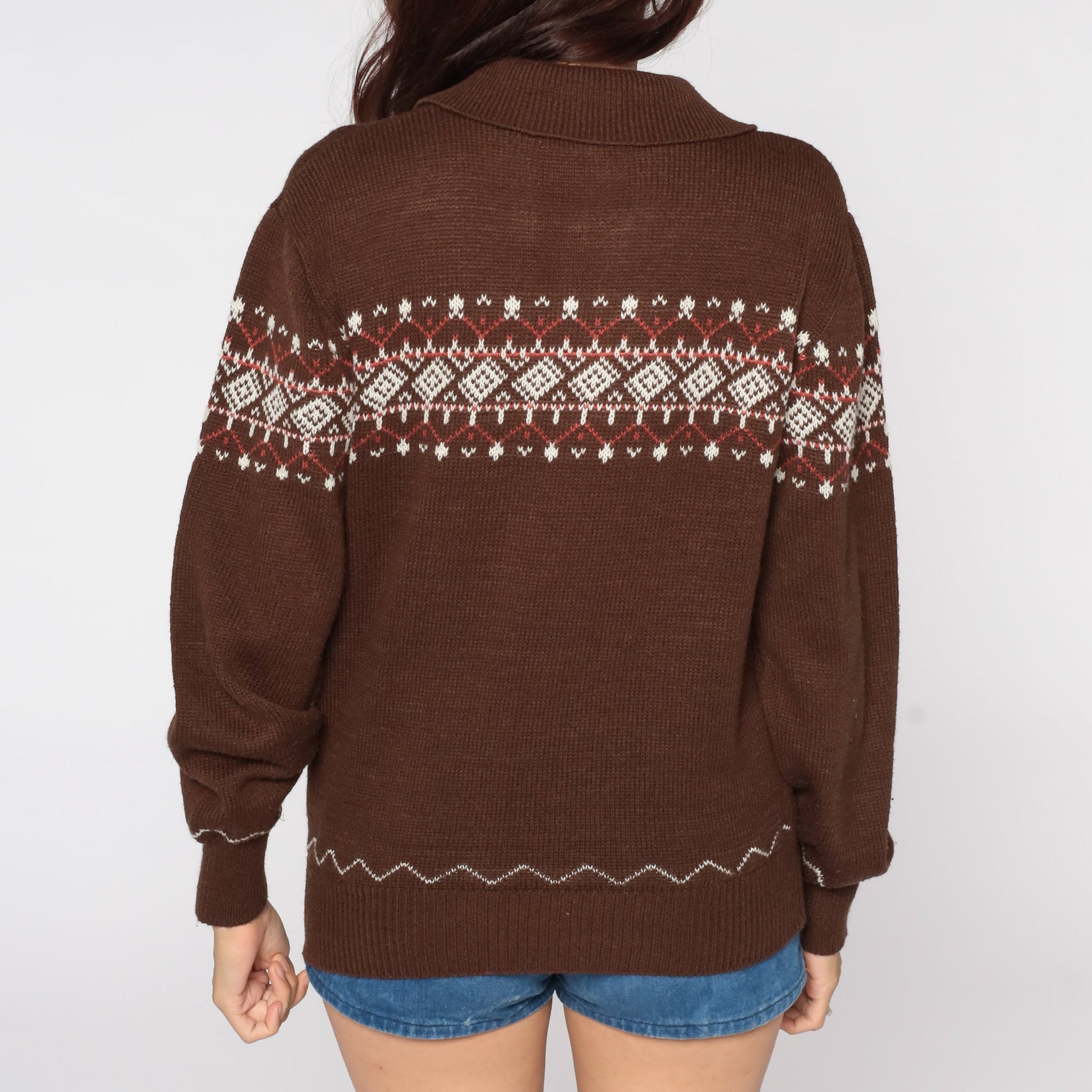 70s Fair Isle Sweater Brown Knit Geometric Pullover Medium