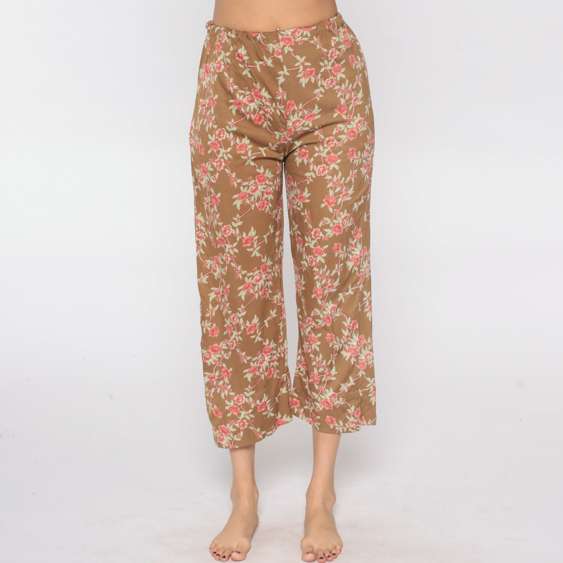 80s Floral Trousers Brown Pink Print High Waist Straight Leg Small