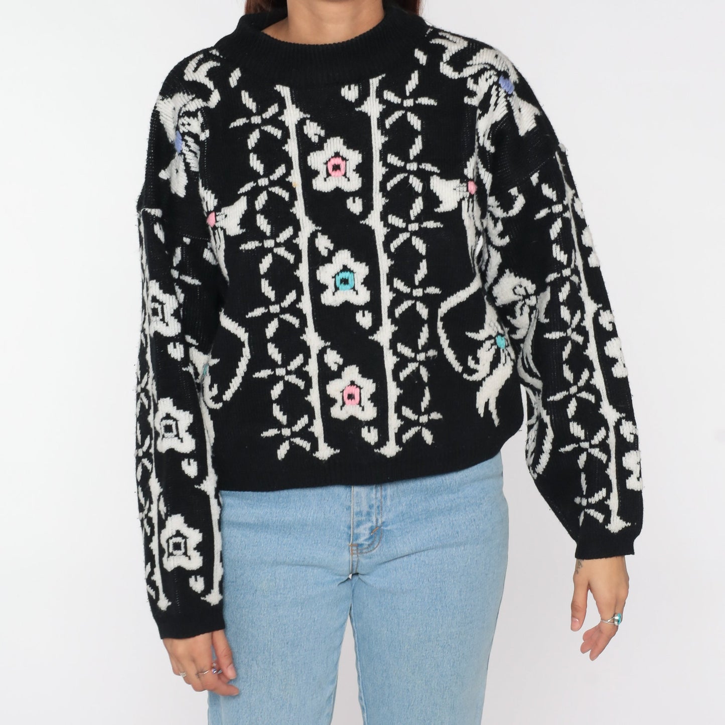 80s Black Floral Sweater White Print Pullover Knit Large