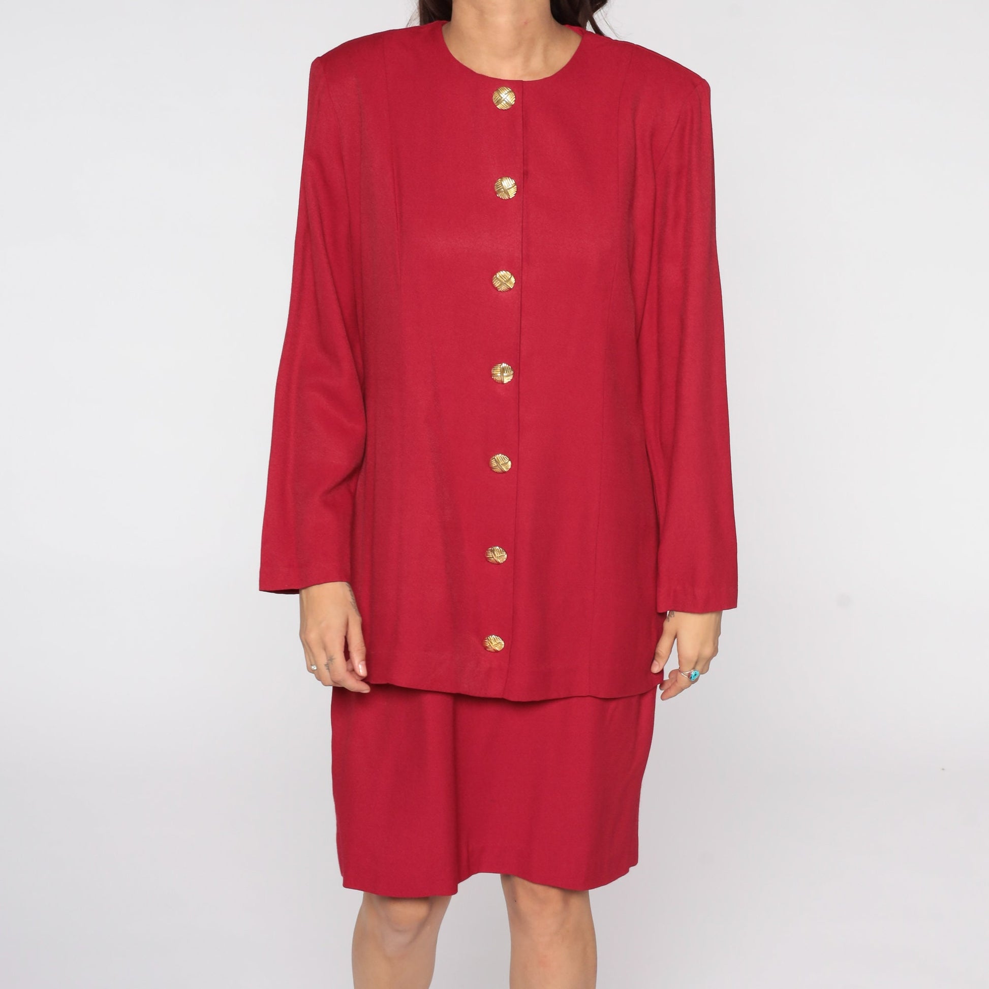 80s Red Button-Up Dress Gold Buttons Knee Length Long Sleeve Medium